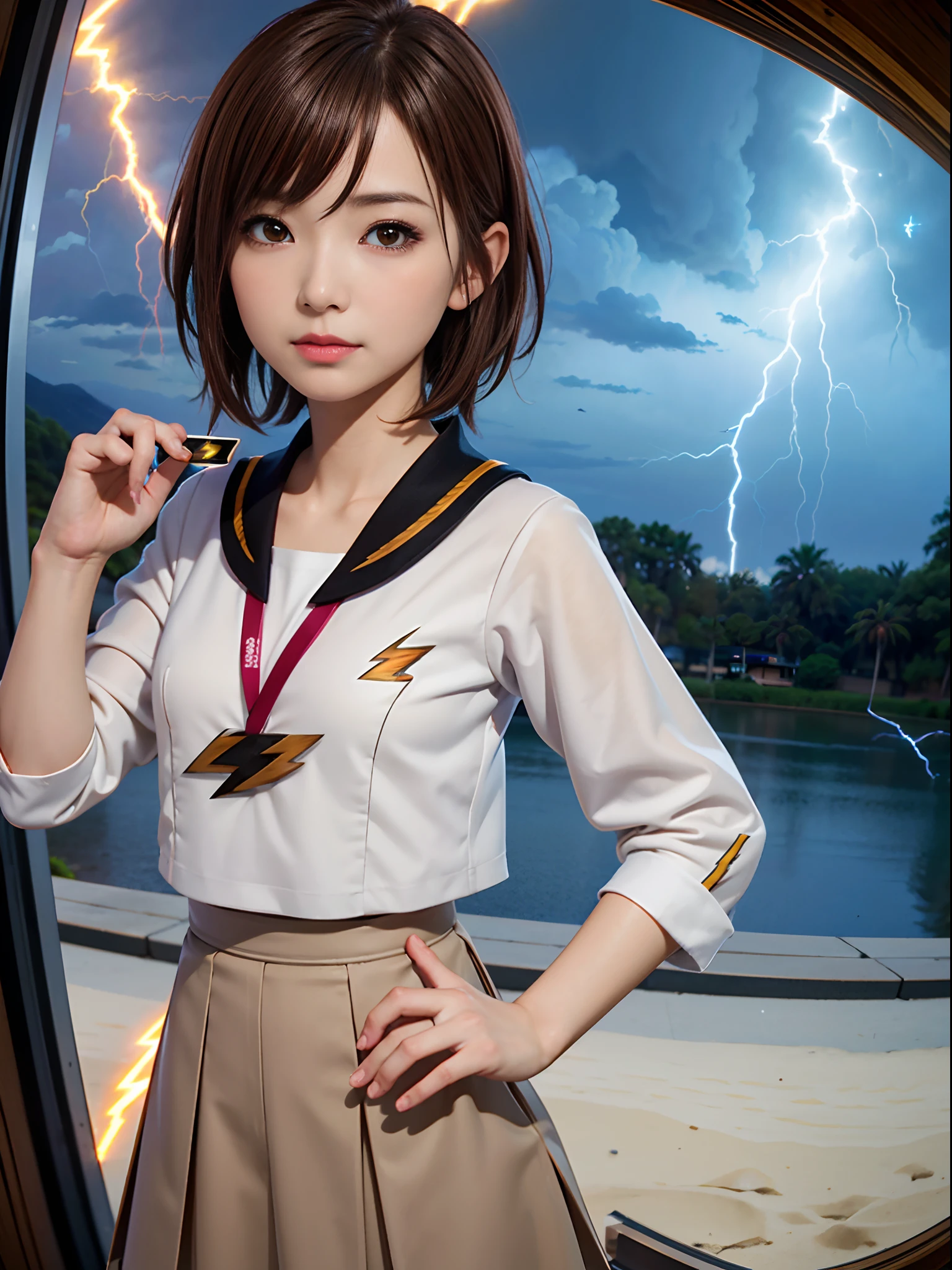 1girl, solo, misaka mikoto, short hair, brown hair, hairclip, brown eyes, school uniform, tokiwadai_school_uniform, white shirt, sweater vest, grey skirt, shorts under skirt, loose socks, shoes, standing, (VFX, biribiri, electricity, lightning, l:1.5), front view, (fish eye, focus on girl:1.35), (masterpiece, best quality:1.5), plain terrain,