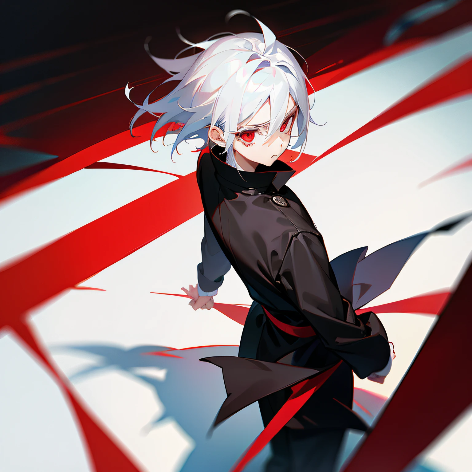 Male character with white hair and red eyes and black clothes 