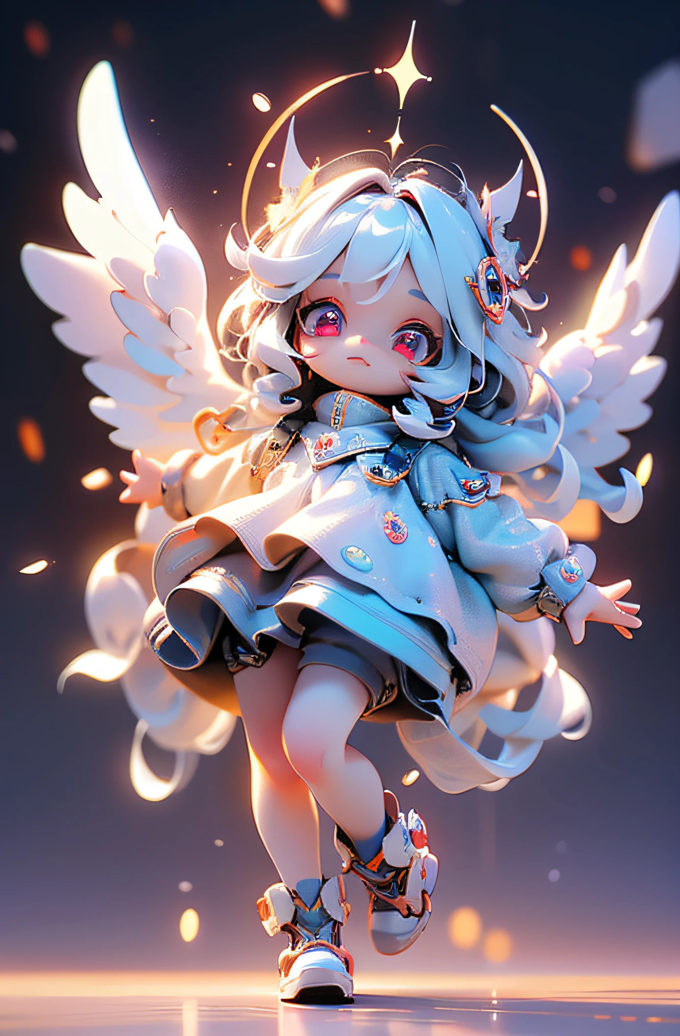 (Masterpiece: 1.4), (Best Quality: 1.4), (Chibi: 1.3), (Very Cute Angel Girl, Super Detailed Face, Jewel-like Eyes, White Very Long Hair, Colorful Gradient Hair: 1.4), (Angel Ring:
1.4), (Angel Wings: 1.4), (Full body, perfect 2 arms, perfect 2 legs: 1.4), Perfect 4 fingers: 1 thumb, light, shine, bokeh, super fine