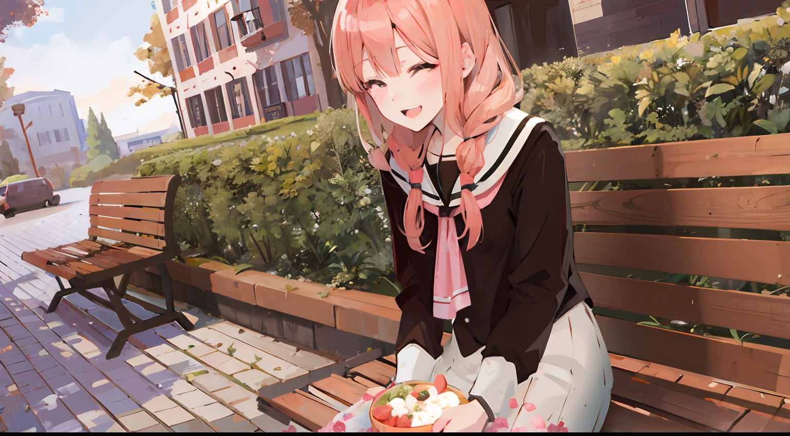 Anime girl sitting on a bench and holding an AK-47 assault rifle, arma, smooth anime cg art, anime visual of a cute girl, marin kitagawa fanart, haruno sakura, kawaii realistic portrait, render of april, inspired by Eizan Kikukawa, hints of yayoi kasuma, Serene smile, shirabii, made with anime painter studio