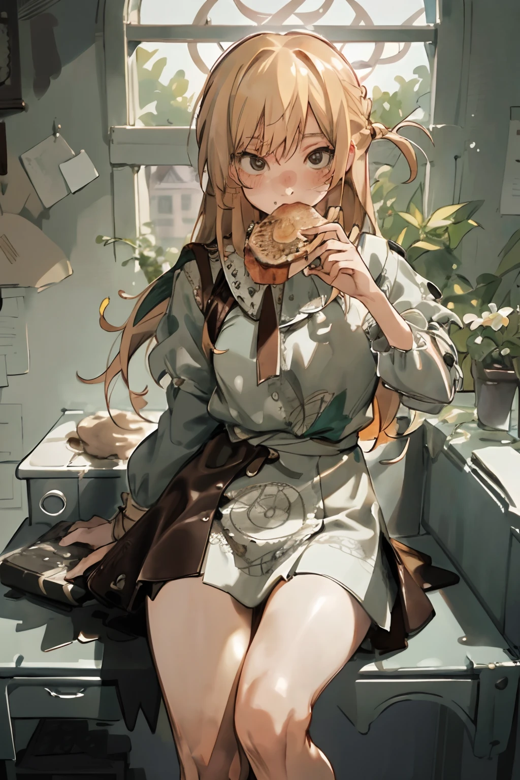 Girl with blonde hair and freckles,Girl sitting on chair eating meat on desk,Looking at the camera,1girl in,Blonde hair,Side tail,offcial art,Unity 8k壁纸,ultra-detailliert,Beautiful and aesthetic,masutepiece,top-quality,(Zentangle,mandalas,Tangle,Entangle),dynamic ungle,cowboyshot,Timost Beautiful Chaos Formo,Elegant,Abralist Design,vivd colour,romanticism,watercolor paiting,leather armor,Dressing