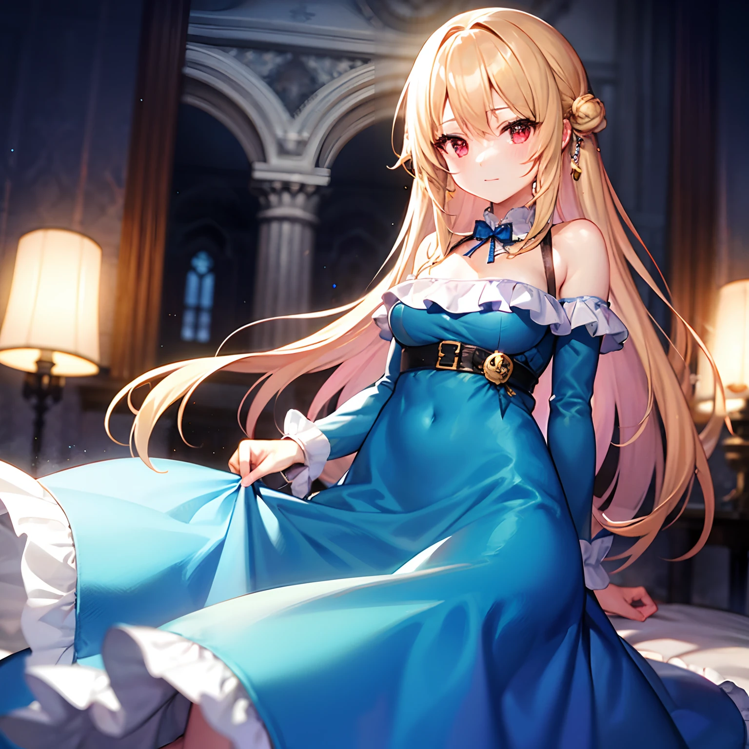 a blond、red eyes、Beautiful girl alone、Blue fluffy dress、off shoulders、Western-style castle