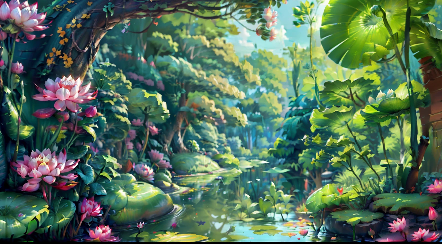 lovely digital painting, Beautiful 2D concept art, Lotus pond, Beautiful digital artwork, Concept art in cartoon style, waterlily pond, beautiful digital painting，Children's picture book style，microcosm，Lotus leaf layering，Various plants，Factory Watch，Beautiful and abundant plants，Scenes，Background with，Heads-up