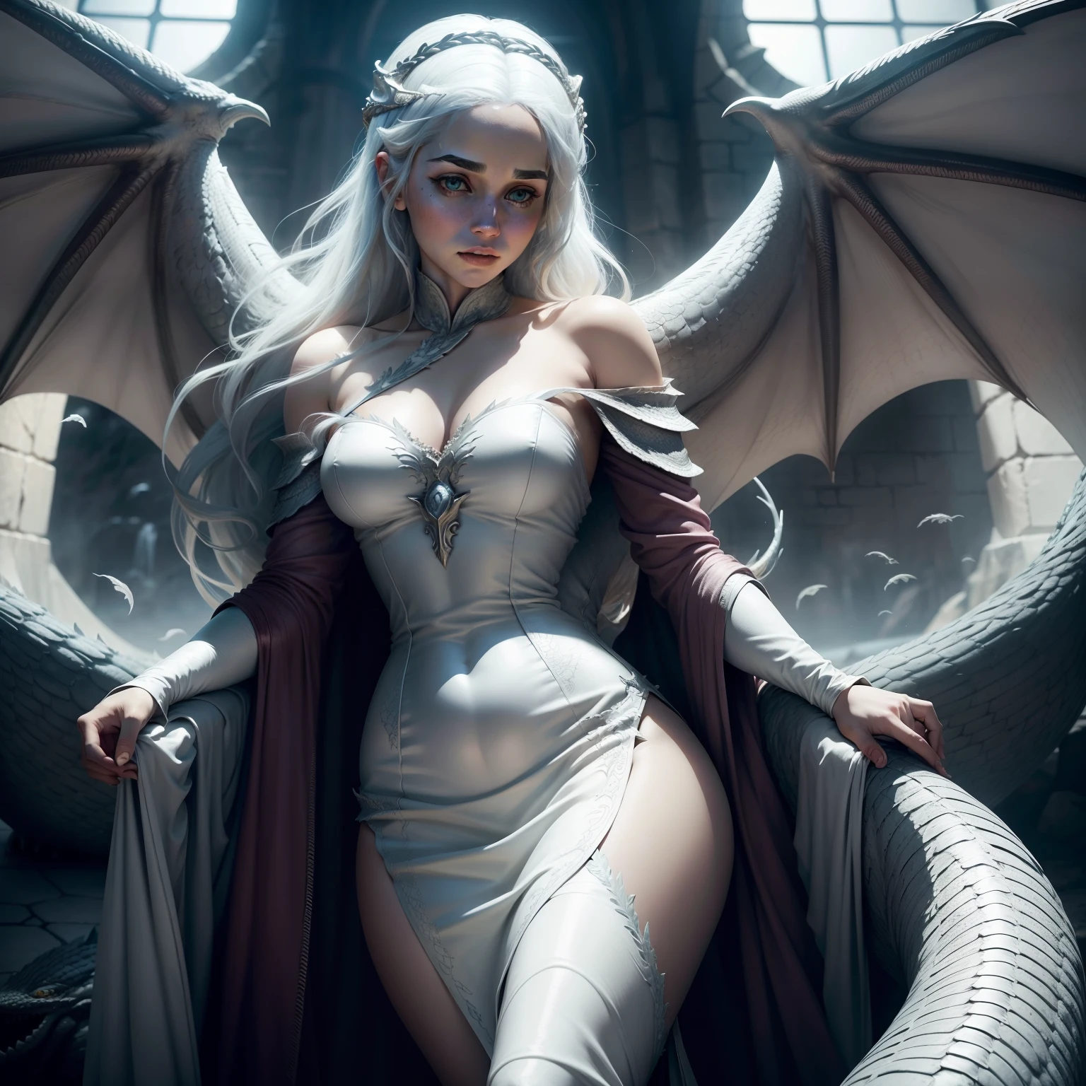 Daenerys Targaryen de vestido branco fino, Dragon Woman, dragon wings, Scales, dragon tail