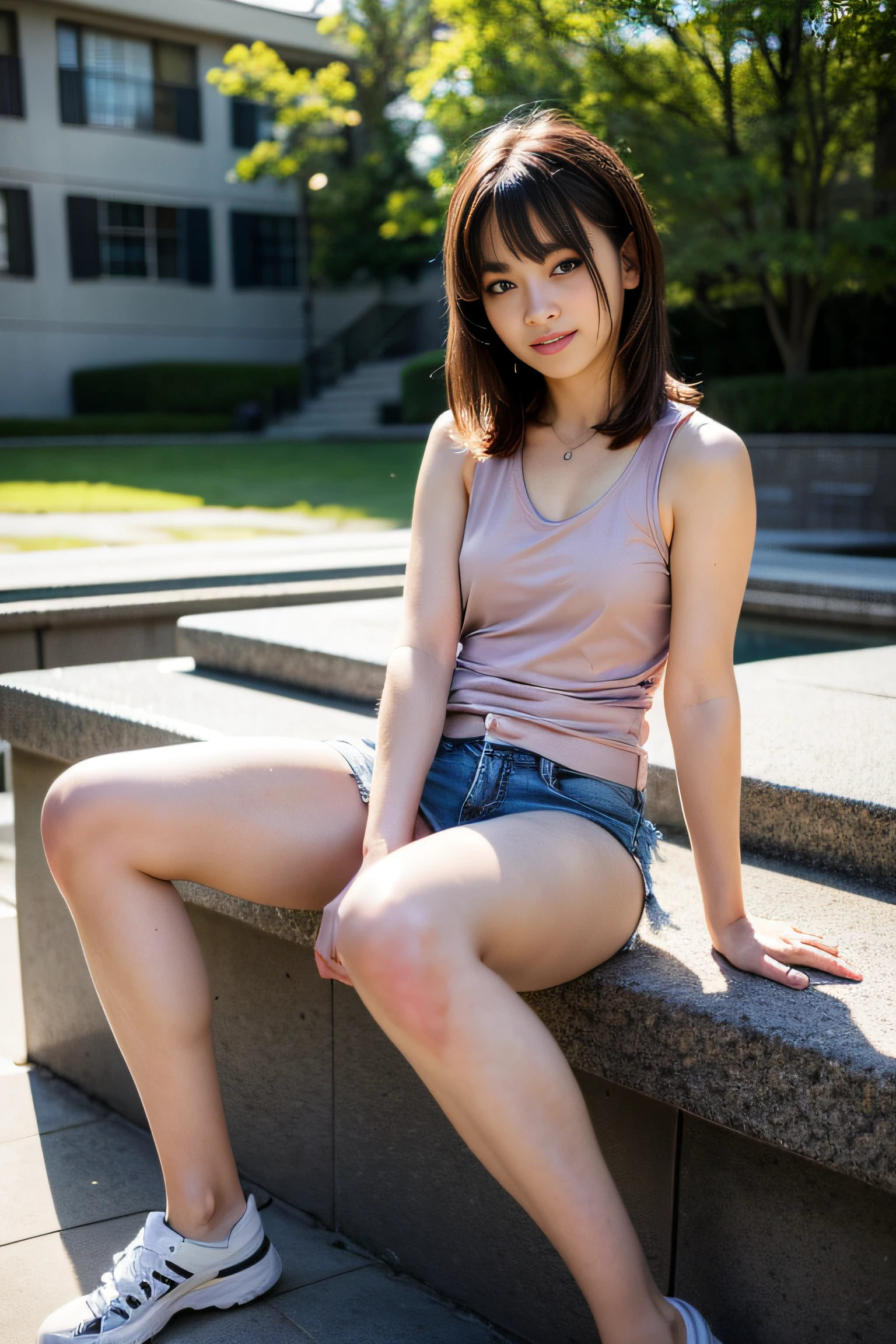 (Highest image quality, Highest image quality, Super A High Definition), (Raw photo, Realism 1.4), (flat chest), Fine skin, Fine face, Cute, AKB Girl,  Girls, Small breasts, Perfect Skin, thighs thighs thighs thighs, Medium Hair, Perfect, Brown hair, Brown eyes, Gravure Pose、Full body, (((Spread)), shiny, ((Tank tops))、Bright sunlight, Smile, Realistic