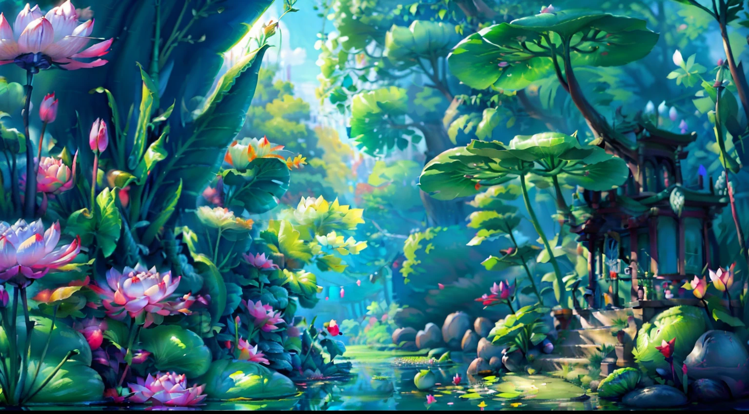 lovely digital painting, Beautiful 2D concept art, Lotus pond, Beautiful digital artwork, Concept art in cartoon style, waterlily pond, beautiful digital painting，Children's picture book style，microcosm，Lotus leaf layering，Various plants，Factory Watch，Beautiful and abundant plants，Scenes，Background with，Heads-up