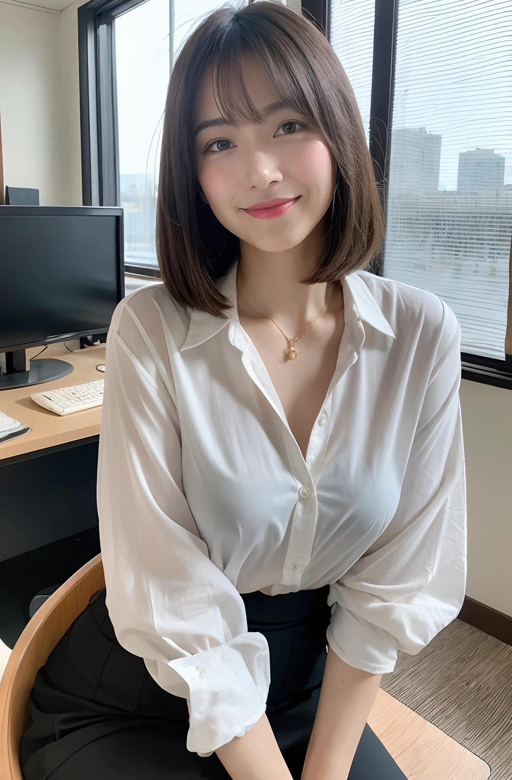 8K、top-quality、​masterpiece、超A high resolution、a picture、beautiful japanese female、 Elegance、There is a good、Transparent atmosphere、Beautiful face、Raised corners of the mouth、eye glass、wrist watch、gently smiling、Gradient lighting、1girl in、Delicate skin、Look into the distance、Brown-eyed、short hair with bangs、Breasts are big、pureerosface、Bishop Sleeve Sheer Shirt、Sheer、Button Front、half Sleeves、Tummy is visible、Transparent material、Sheer shirt、very big bust、Take your eyes off、s Office、There are many computers lined up、Lots of desks、Large office、Having a file、Ass big、Kinda chubby、Bangs shed to the side、organize your hairstyle well、Put your ears out、Hold a file in your hand、The skirt is short so that the thighs are visible,、Futomo、thigh visible、