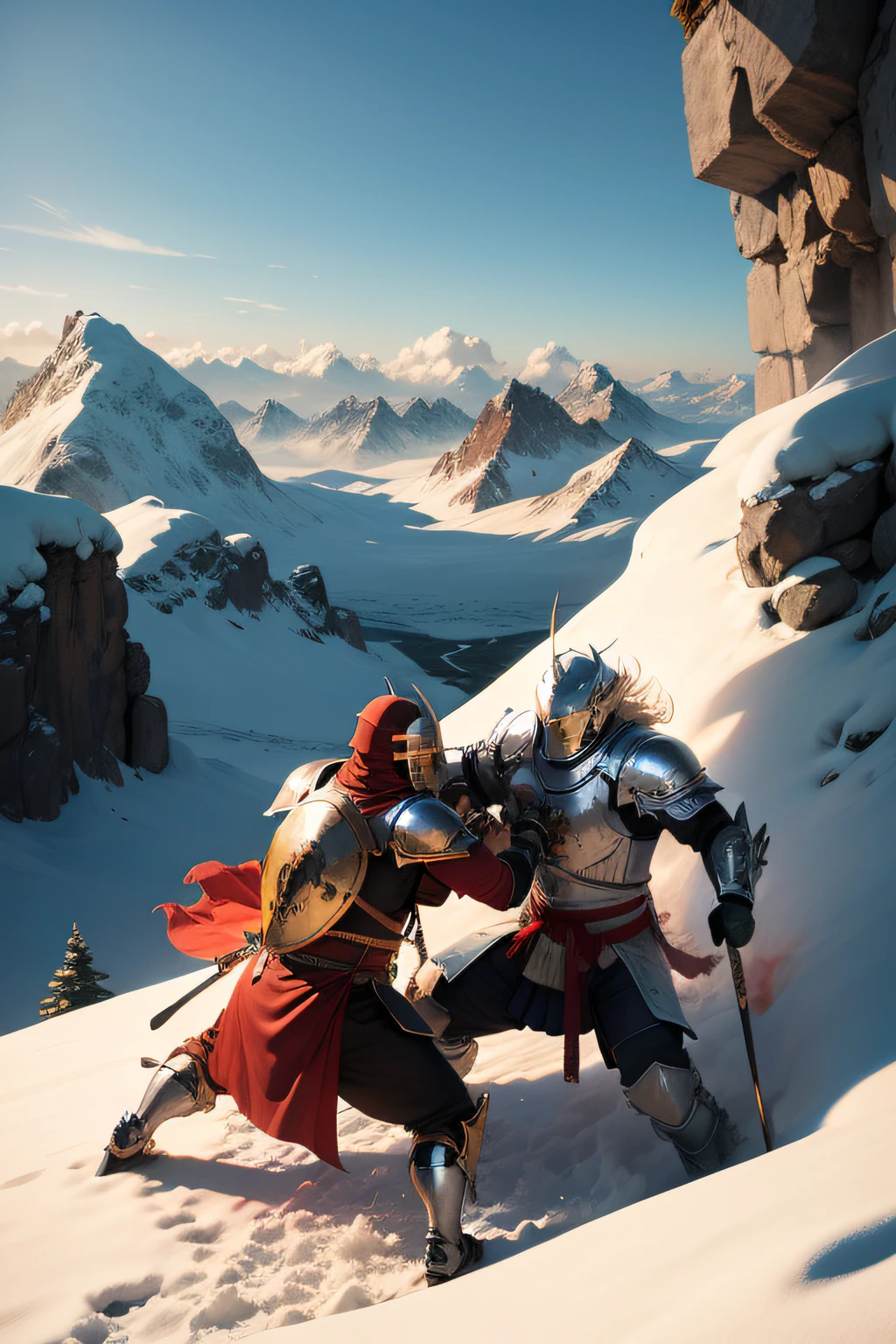 two knights fighting in the daylight in the mountain