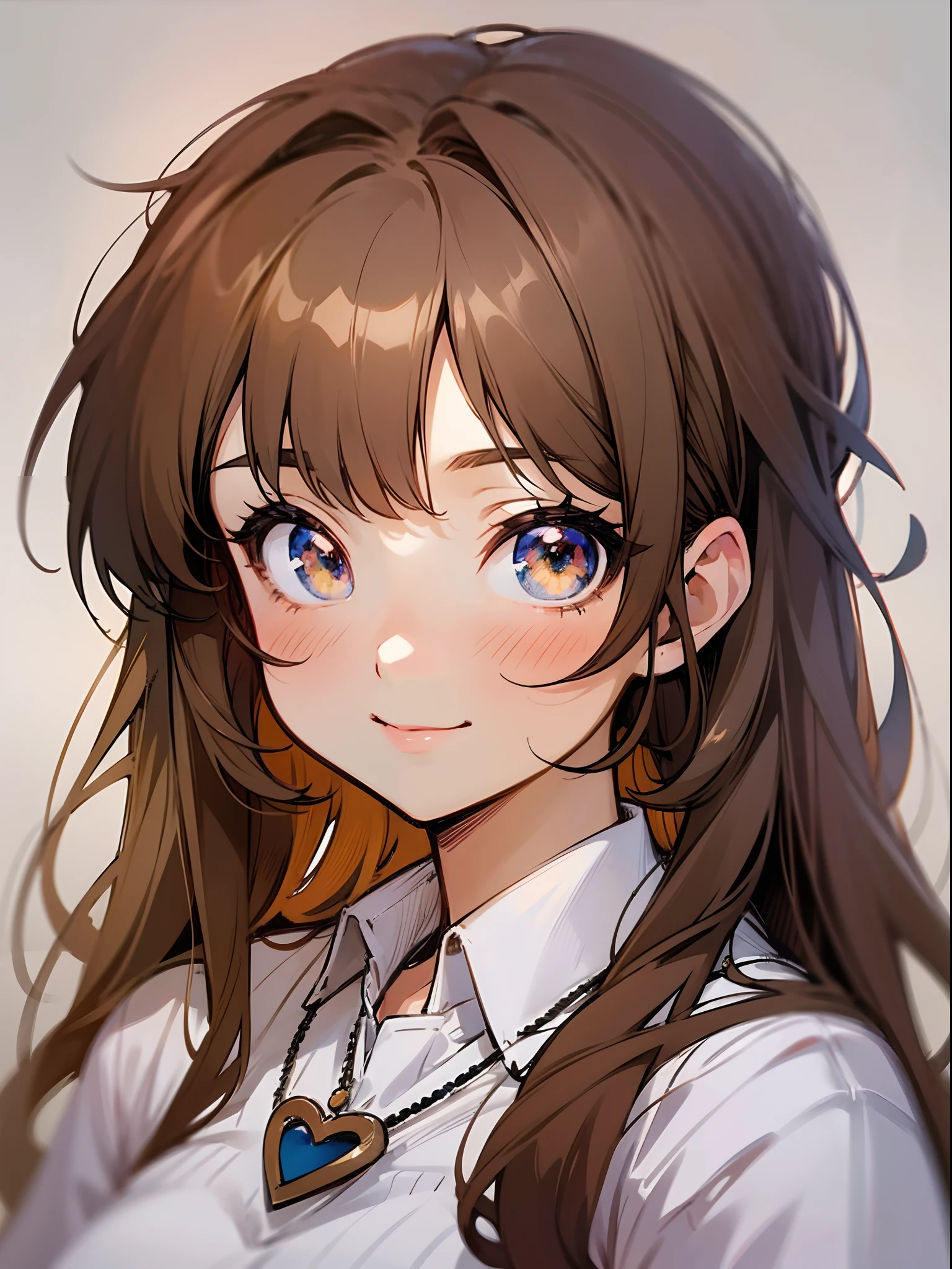 anime, a girl with brown hair and a necklace with a heart on it, light smile,, extremely cute anime girl face, cute anime girl portraits, cute natural anime face, cute anime face, anime visual of a cute girl, cute anime girl, cute anime girl portrait, anime moe artstyle, (anime girl), brown hair and large eyes, cute anime style, pretty anime girl