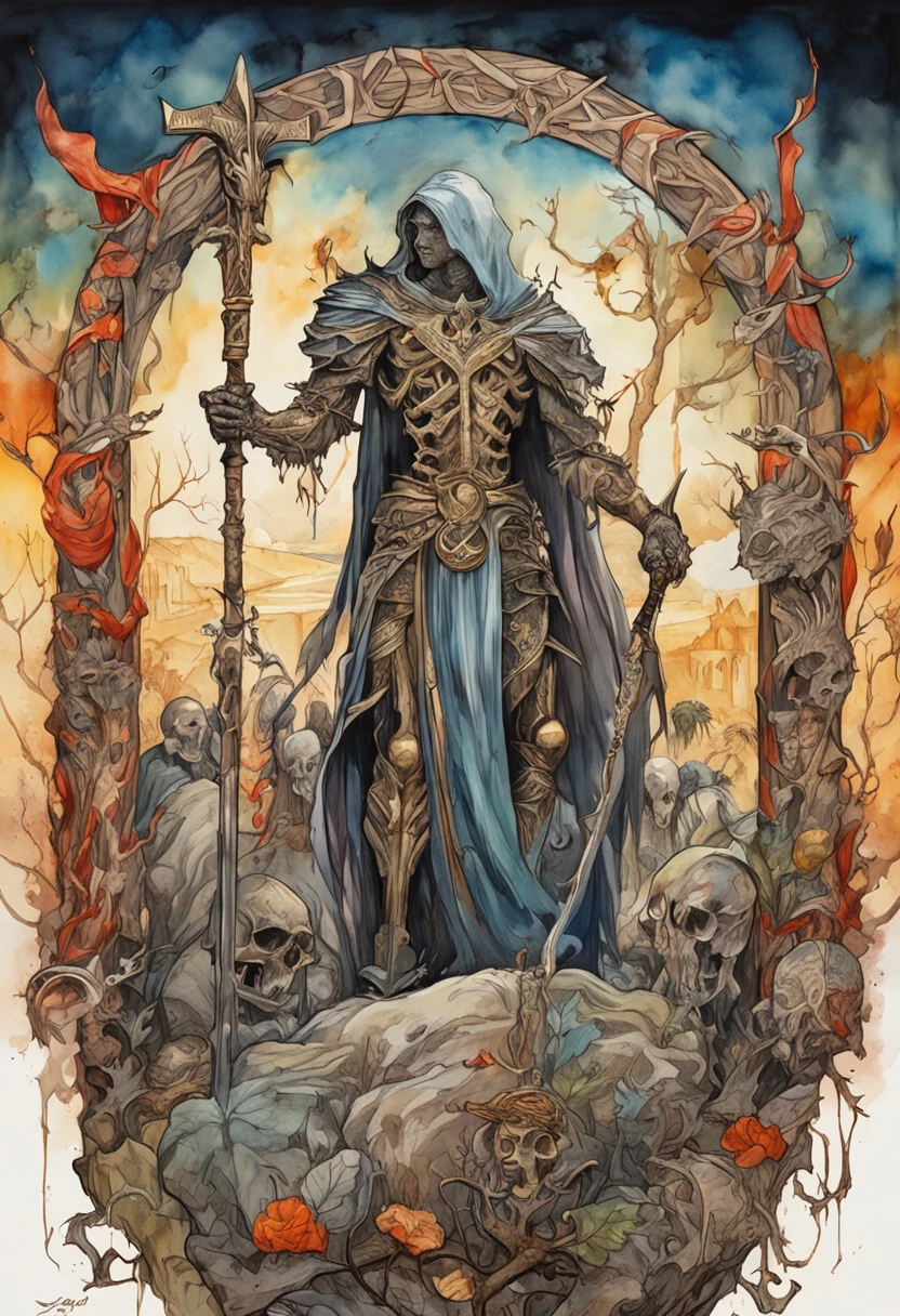 The Skeleton King and Lucifer talk to each other in a pile of corpses, fantasy, twists, elegant, Highly detailed, Centered, Analog measurement, painting of a, twists, voluminetric lighting, Beautiful, A masterpiece of rich and deep colors, Sharp focus, ultra - detailed, In the style of Dan Mumford and Mark Simonetti, astrophotography