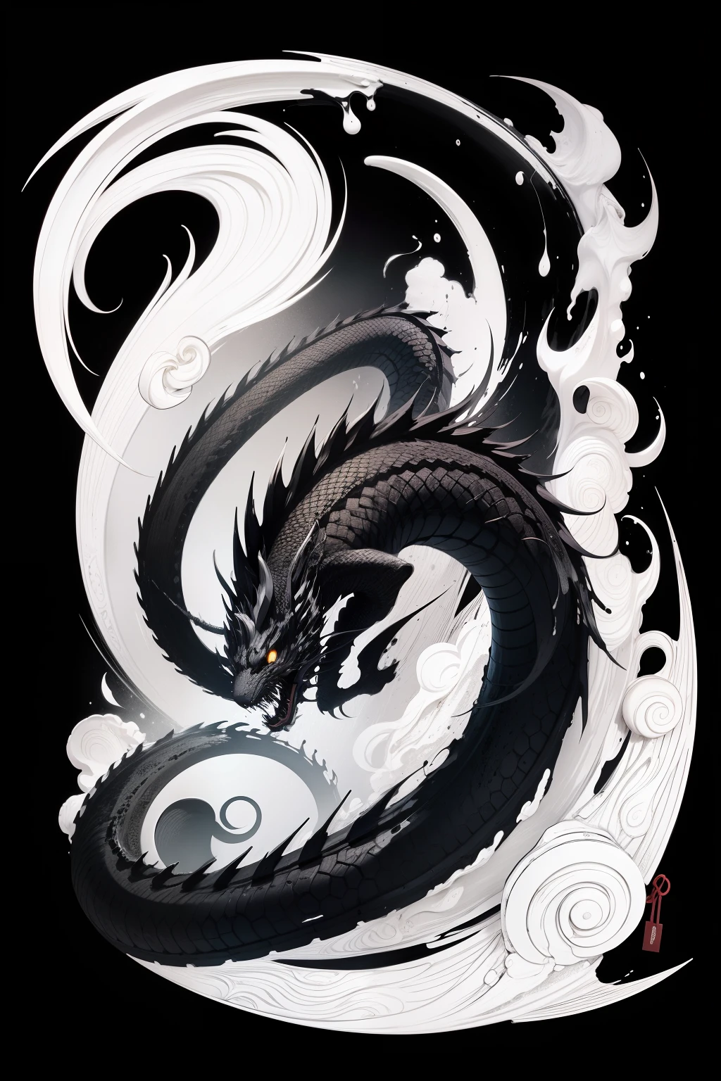 Luxury Japanese restaurant logo
watercolor style
A black dragon swirling and painted with a brush
White and black only
Pretty cool
chic and modern design
White background