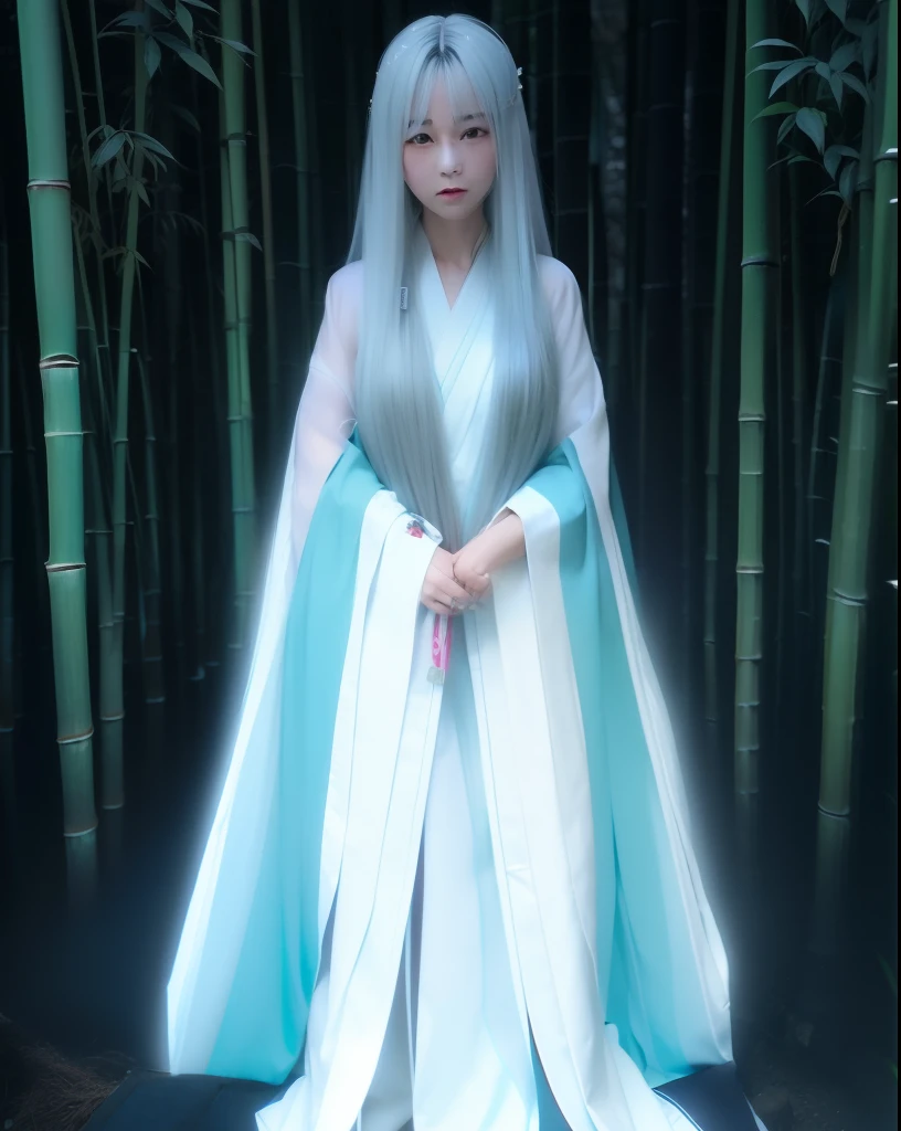 Kaguya otsutsuki. A woman was standing at the edge of the bamboo grove. She was seen wearing a silver wig. With long hair that almost touched the silver colored ground too. He had a white as snow. And he looked down at the camera. So pretty and realistic