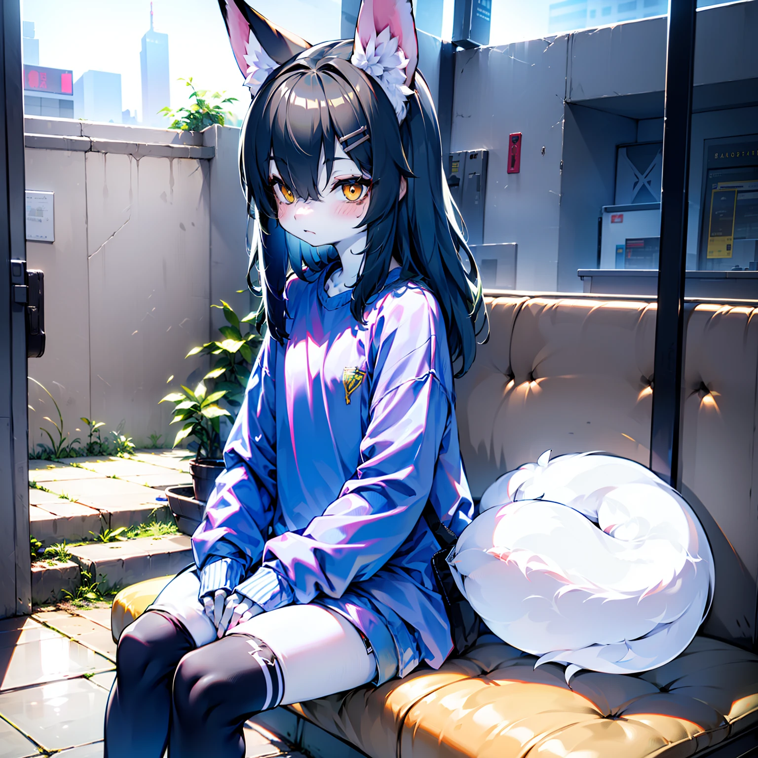 Cute little boy，Dark blue hair，Short height，shaggy，Wearing a blue sweatshirt，Big fox ears，Sit Pose，Indoor subway station scene。