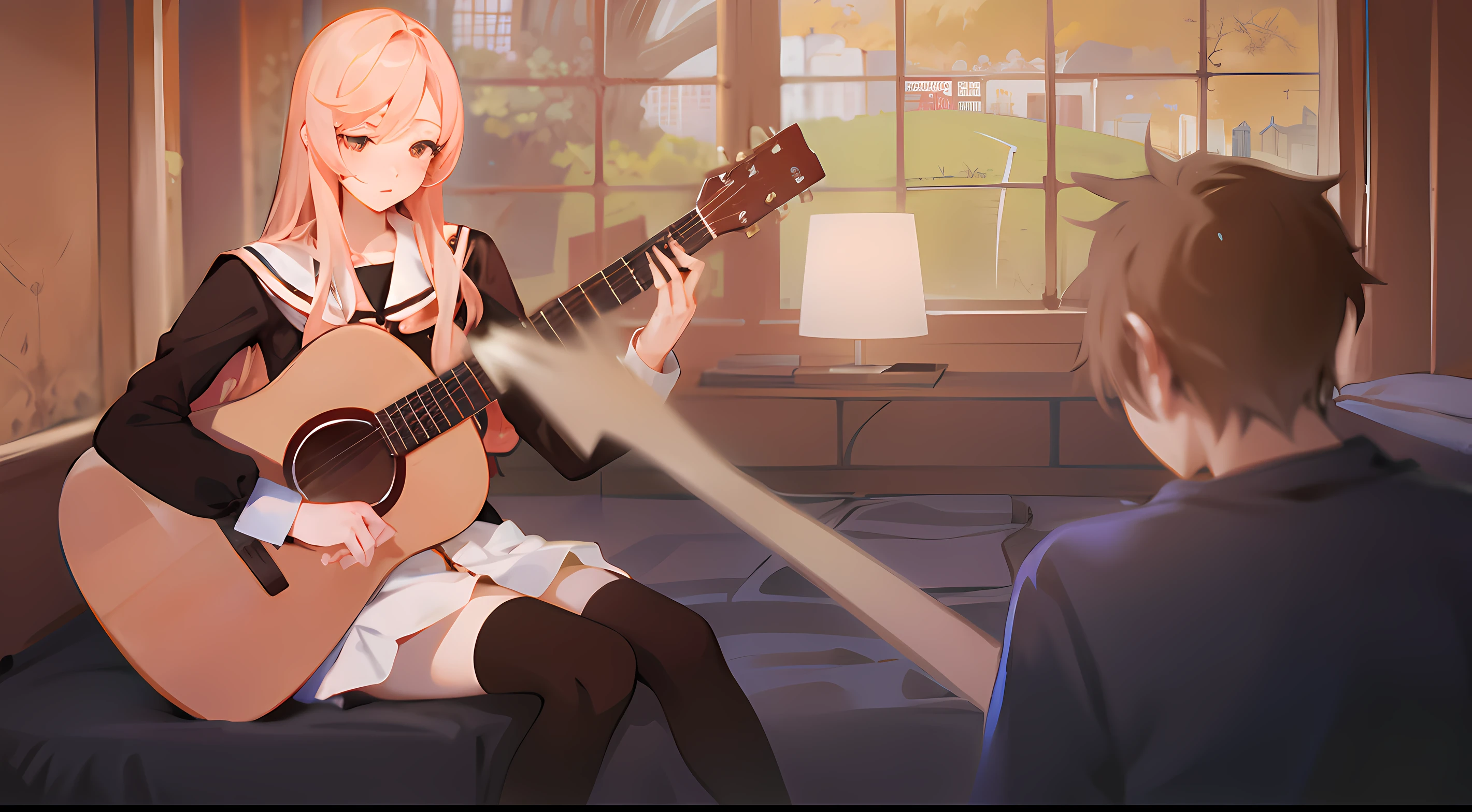 Anime girl playing guitar, while a man plays the guitar, Playing the guitar, Playing the guitar, Playing the guitar, Playing the guitar, animation still, plays the lute, inspired by Li Chevalier, Girl playing guitar, Jam to music, Playing the guitar on stage, Women play the guitar, too, guitar solo, official fan art, Fan art, visual novel cg