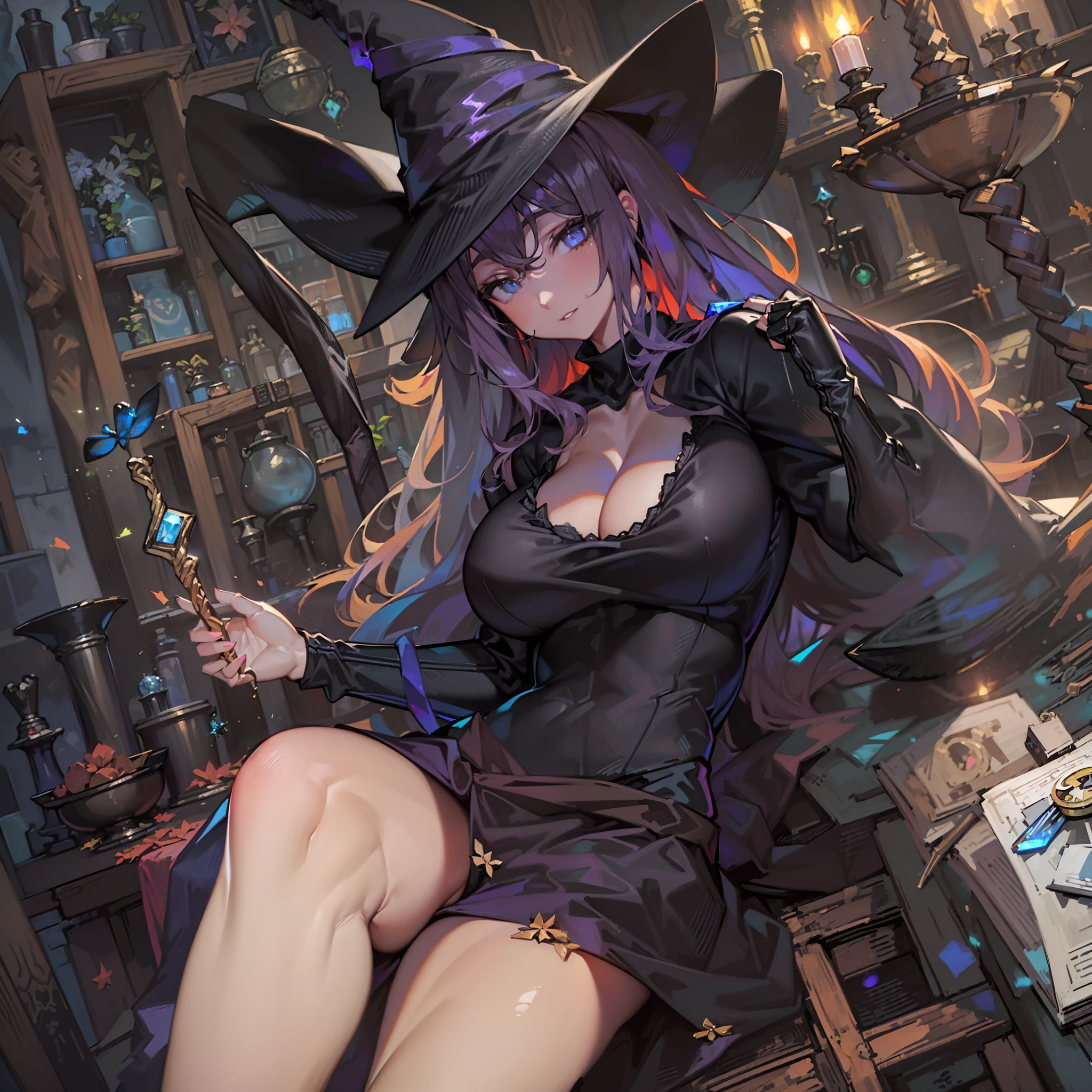 (8K, Best quality, tmasterpiece:1.2),\(eye detailed\),\(Facial features\),(\(Clothes detail details\)\),(huge tit),Close-up of squint,full bodyesbian,(Facial focus) ,Very detailed CG unity 8K wallpaper,hugefilesize,ultra - detailed,A high resolution,absurderes,beautidful eyes,Ray traching,dramatic shadow,finely detailled,Dramatic angles,Hyper-detailing,(1girll:1.3),(Solo),(Mature female:1.3),thick lips,long chest,beauiful plump body,(witch:1.2),(magic stick:1.3),A wise man of extraordinary status,(witch hat:1.2),(Sit in the witch's workshop 1.2),(cross legs sitting),(colorful flower and black color crystal in the bowl:1.2),(Self-aware apparatus:1.4)+(Instruments that fly in the sky:1.3)