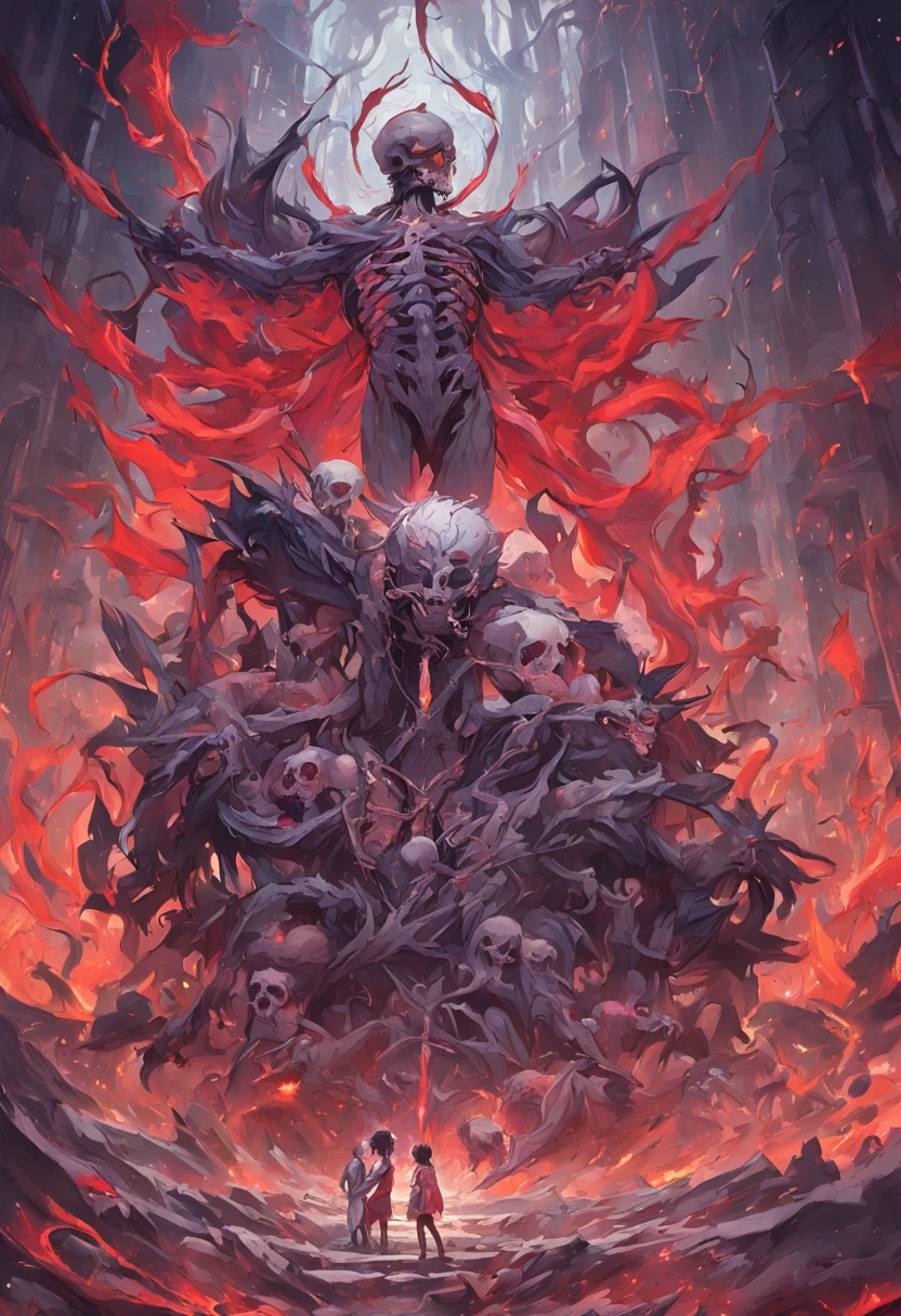 The Skeleton King and Lucifer talk to each other in a pile of corpses, fantasy, twists, elegant, Highly detailed, Centered, Analog measurement, painting of a, twists, voluminetric lighting, Beautiful, A masterpiece of rich and deep colors, Sharp focus, ultra - detailed, In the style of Dan Mumford and Mark Simonetti, astrophotography