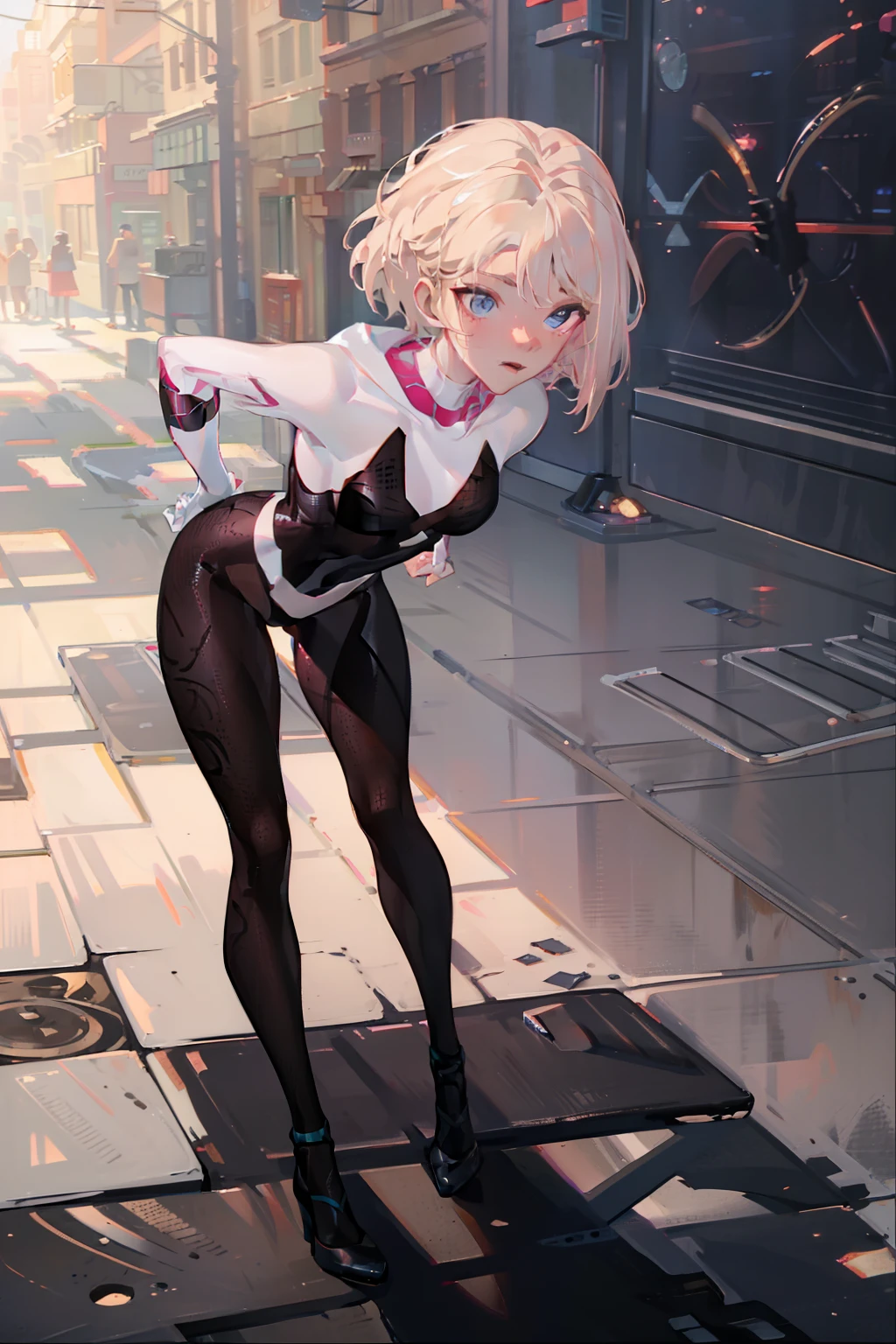 llustration, UHD, retina, masterpiece, accurate, anatomically correct, super detail, high details, high quality, award winning, best quality, highres, good anatomy, 1080P, HD, 4K, 8k, 16k, 1girl, dynamic pose, androgynous, full body detailed eyes, detailed clothes, detailed hair, rendering, Gwen stacy, Into the spider verse, Across the spider verse, nice legs, raining, light colors
