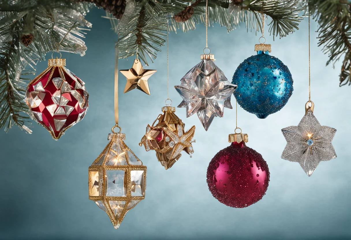 A sparkling array of Swarovski Christmas ornaments, Each one is unique and dazzling.