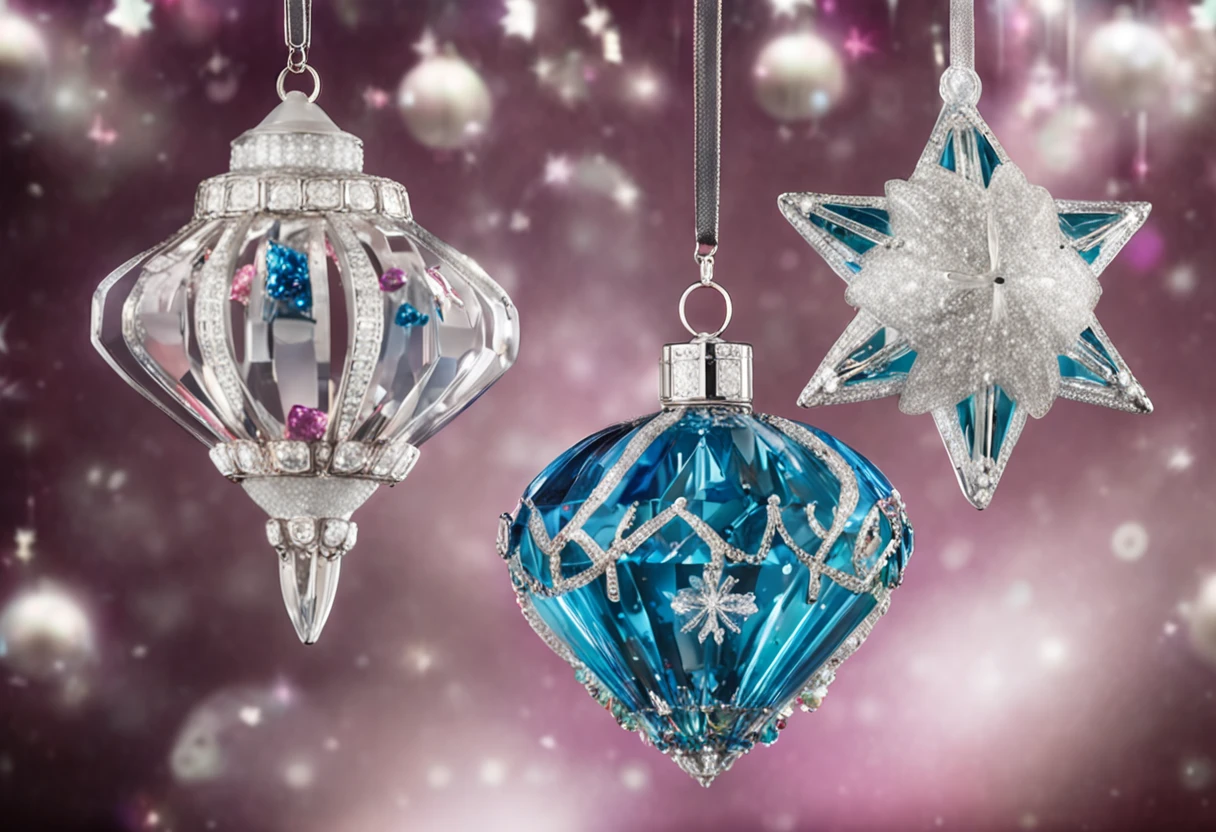 A sparkling array of Swarovski Christmas ornaments, Each one is unique and dazzling.