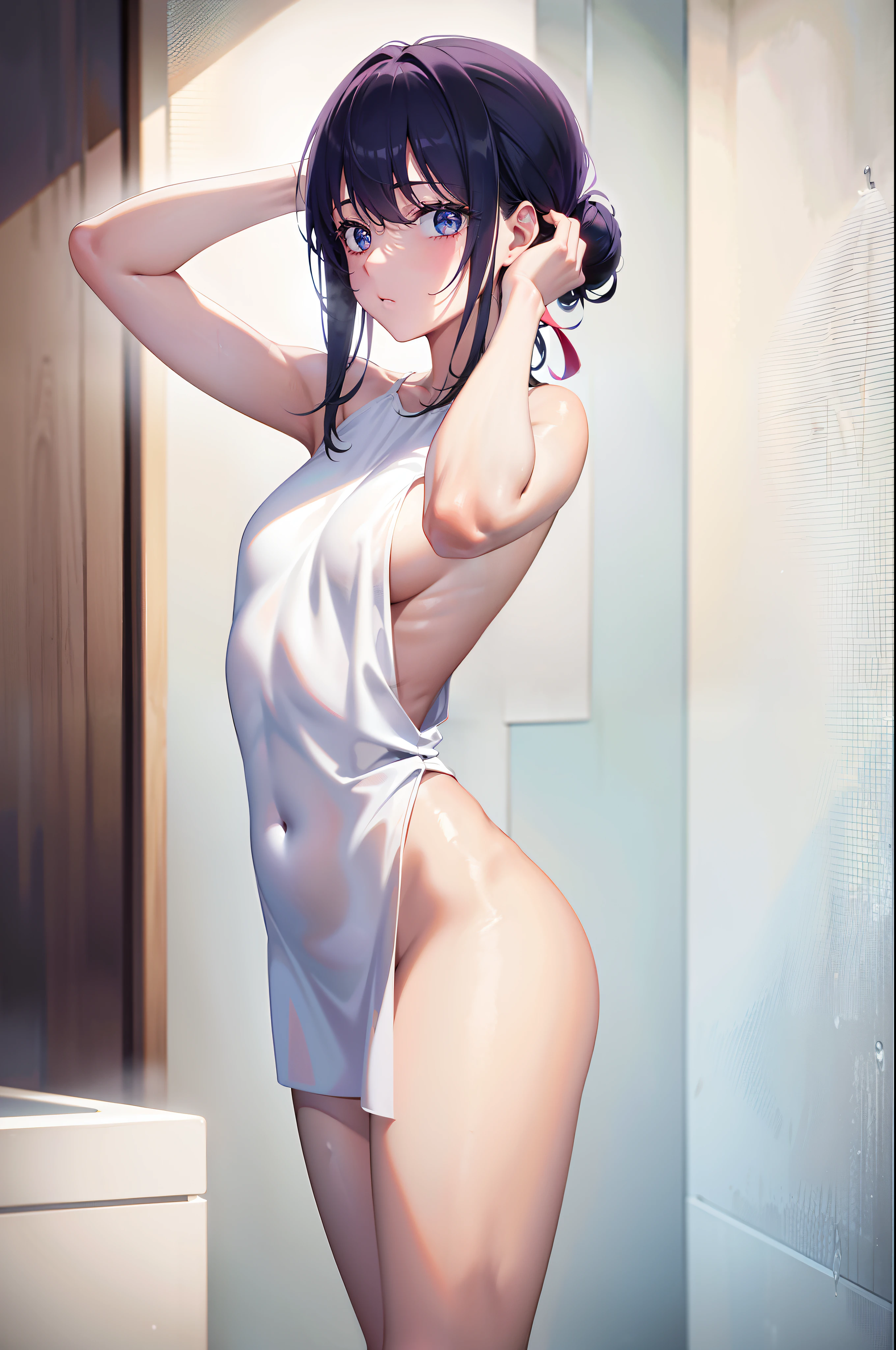 Get wet and out of the shower, Wrap only in a small white towel, Place your hands on your head and fix the bun, No shoes, Long legs, showing thighs, Masterpiece, cinematic shading, cinmatic lighting, photograph realistic, Extremely detailed, photograph realistic, RAW photo, High quality, A high resolution, Sharp focus, Extremely detailed, Cinematic lighting, 8K  UHD