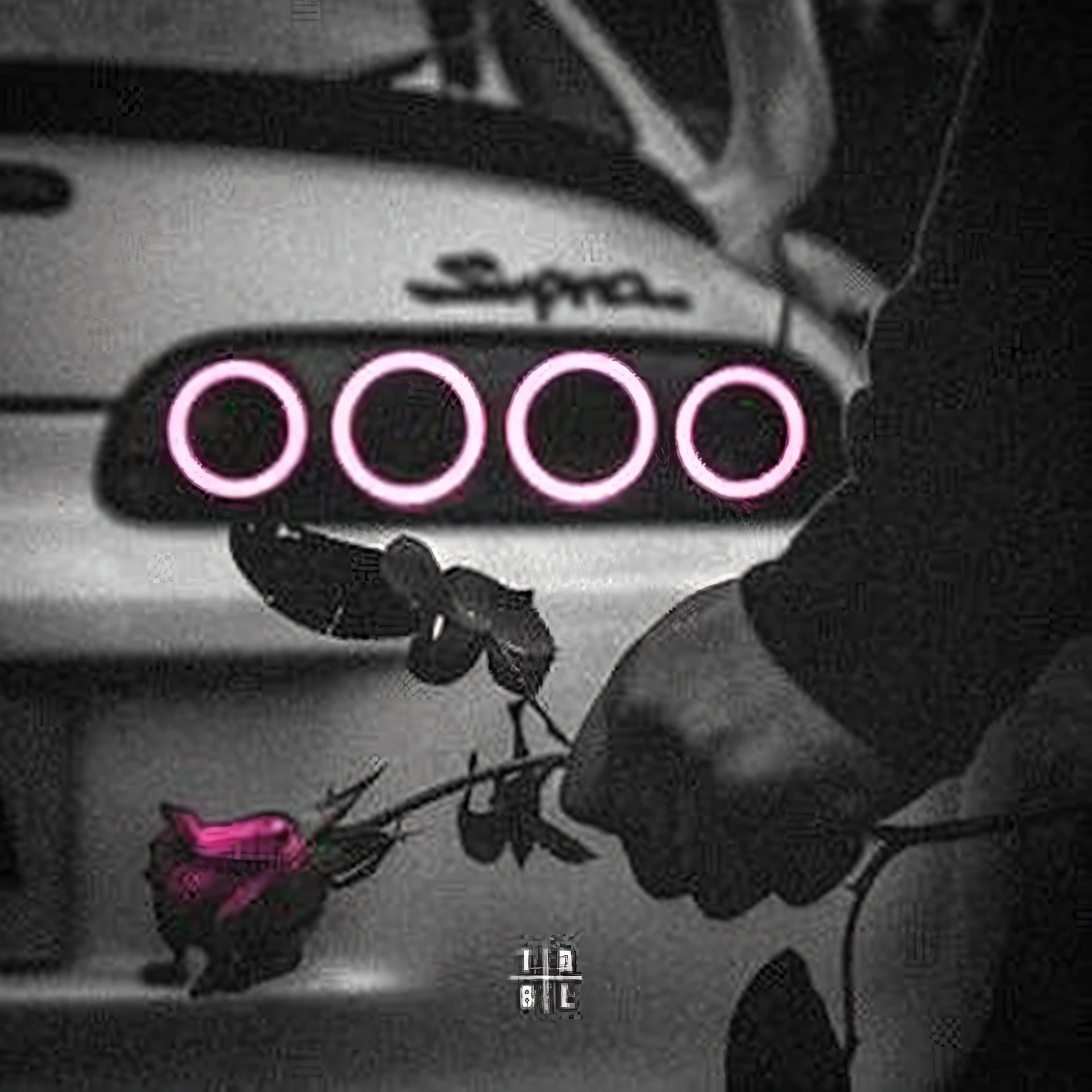 A man holds a rose in front of a car with a neon sign, inspired by Zhu Da, music album art, oh oh oh，ys, lo fi, chillhop, 1 : 1 Album cover, 1:1 Album cover, Lo-Fi, lofi hip hop, Sad atmosphere, nostalgic vibes, album covers, Night mood, low details, lit from bottom, new song