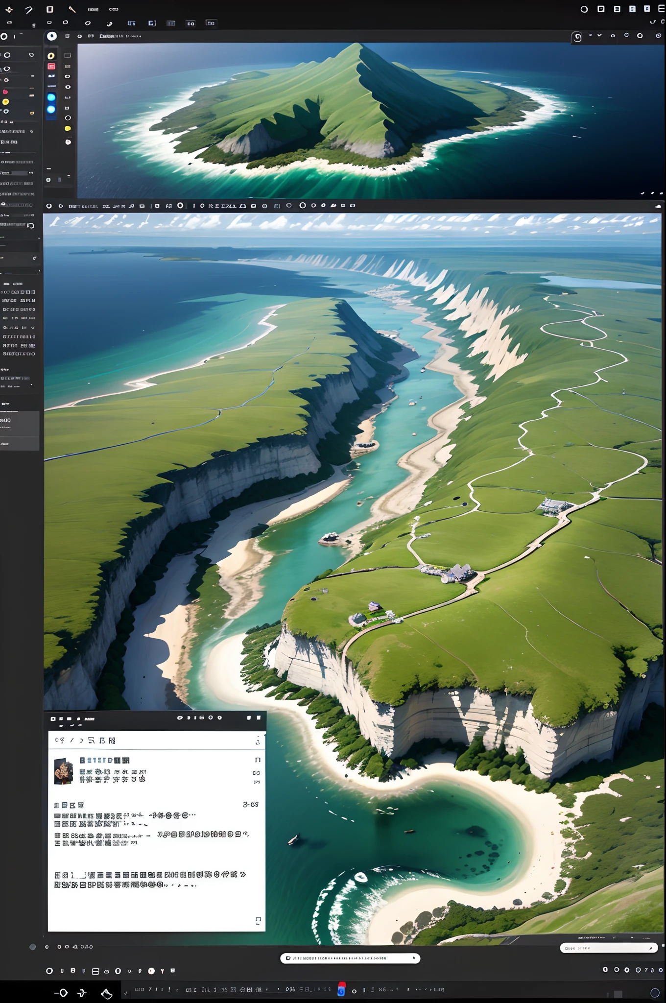 Please generate a picture for me with a resolution of 640x360 pixels，Used to make 2D game maps。The map should depict the terrain、River and some buildings，But it doesn't need to be presented in a realistic style。Additionally，The perspective of this 2D map should be top-down，The topography should represent the island surrounded by seawater。