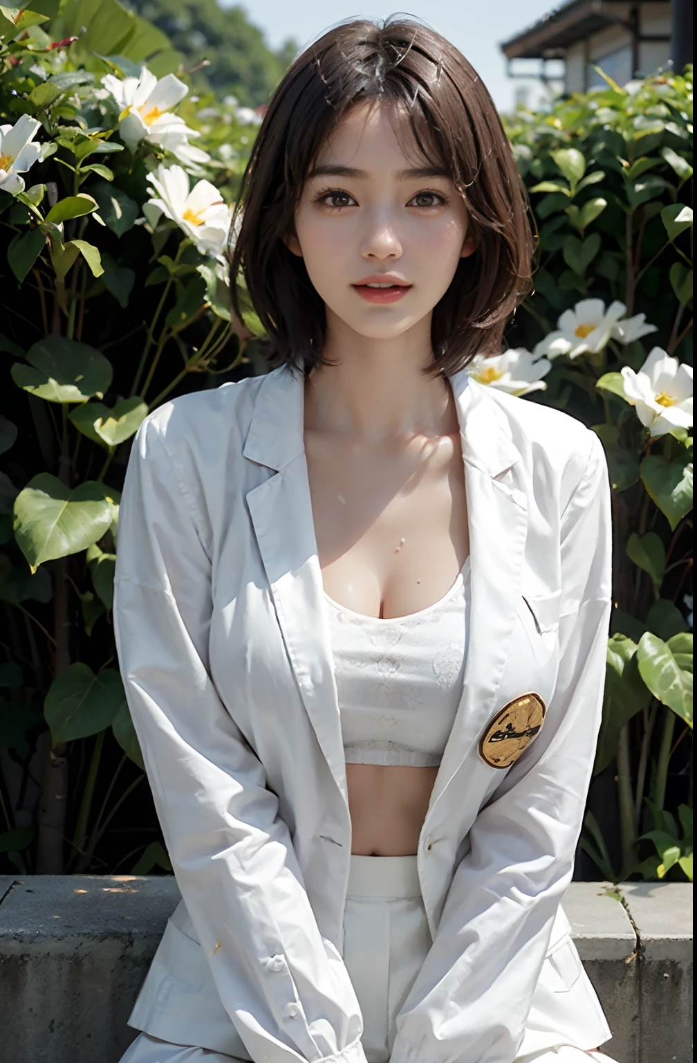 (A hyper-realistic), (illustratio), (hight resolution), (8K), (ighly detailed), (The best illustrations), (beatiful detailed eyes), (top-quality), (ultra-detailliert), (masterpiece), (wall-paper), (detailed face), droopy eyes,full of sweat, whole body, full body, long legs,Armpit,short-hair, light brown hair, inner colored,solo, big breast, cleavage, japanes, Colossal tits、A smile, wearing white blazer, white short skirt, office uniform