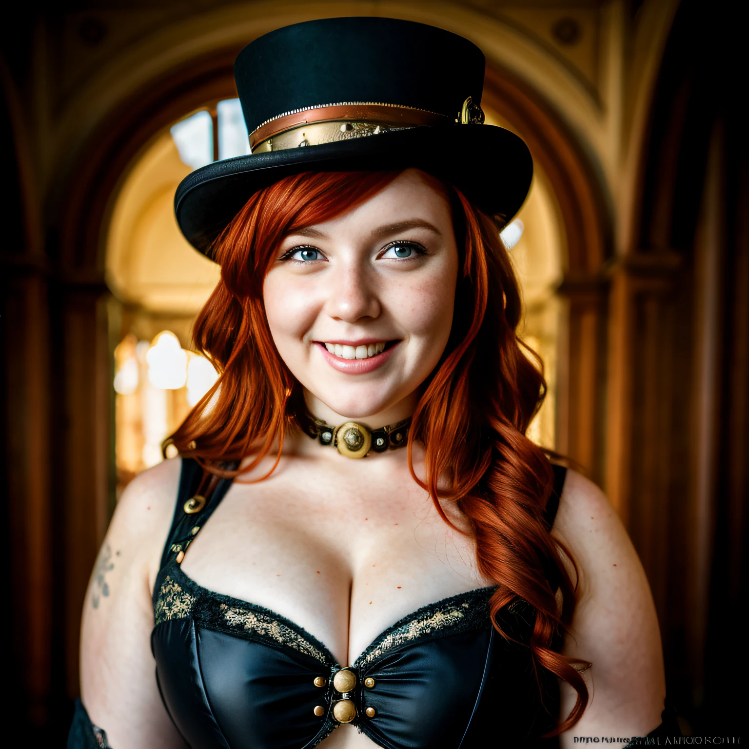 (one-1-person:1.2), beautiful steampunk lady, freckles, chubby, (red hair), steampunk top hat, steampunk googles, big smile, dark makeup, hyperdetailed photography, soft light, head and shoulders portrait, cover, underwear