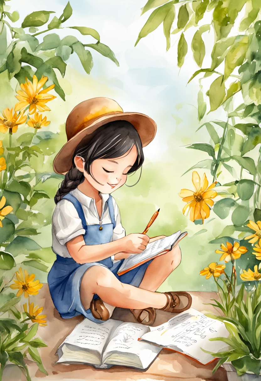 1girl writing,solo,overalls,hat,closed eyes,sitting,shirt,braid,twin braids,smile,blush,shoes,female child,pencil,white headwear,holding,library and pot of plant background,twintails,full body,brown hair,indian style,child,black hair,long hair,yellow shirt,