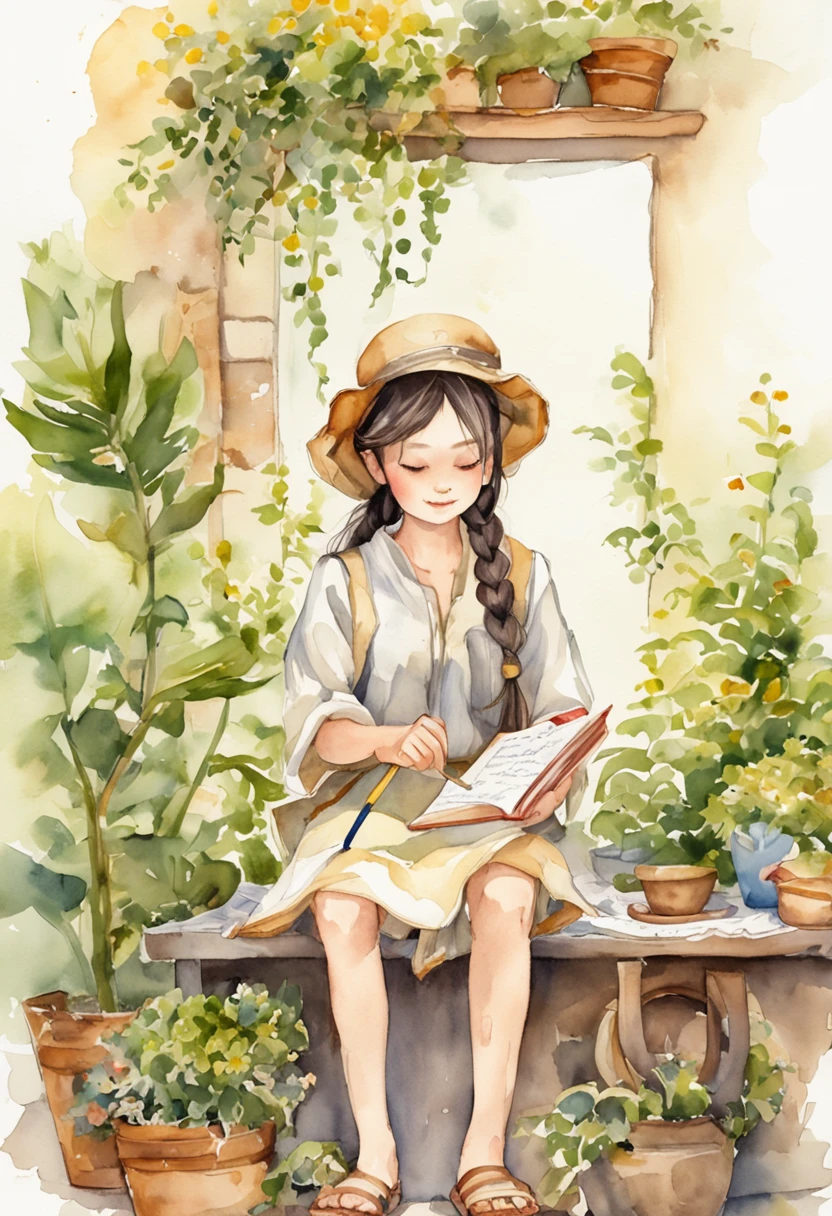 1girl writing,solo,overalls,hat,closed eyes,sitting,shirt,braid,twin braids,smile,blush,shoes,female child,pencil,white headwear,holding,library and pot of plant background,twintails,full body,brown hair,indian style,child,black hair,long hair,yellow shirt,