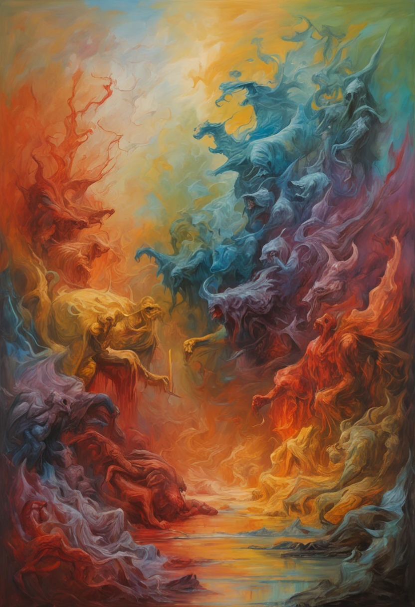 The Skeleton King and Lucifer talk to each other in a pile of corpses, fantasy, twists, elegant, Highly detailed, Centered, Analog measurement, painting of a, twists, voluminetric lighting, Beautiful, A masterpiece of rich and deep colors, Sharp focus, ultra - detailed, In the style of Dan Mumford and Mark Simonetti, astrophotography