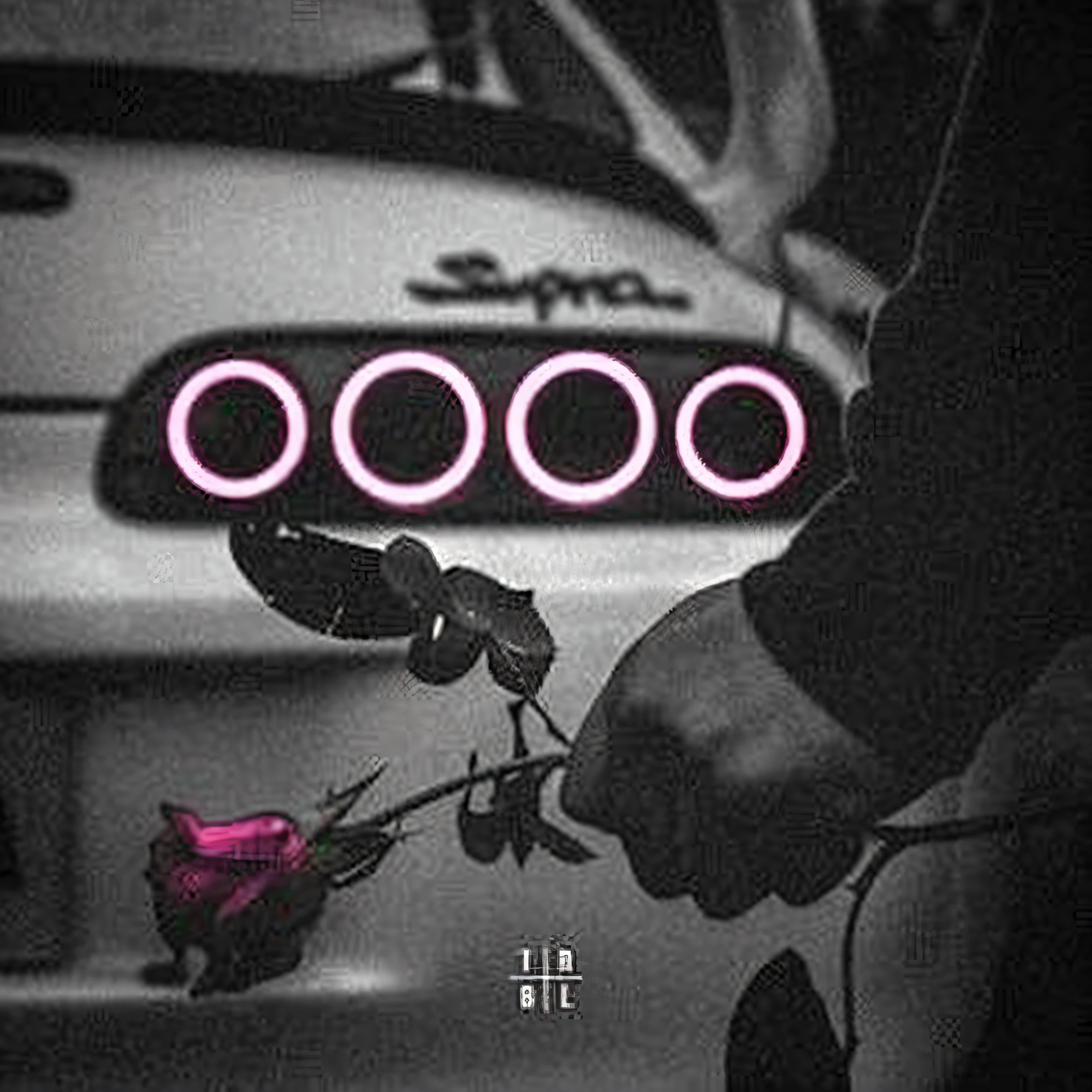 A man holds a rose in front of a car with a neon sign, inspired by Zhu Da, music album art, oh oh oh,ys, lo fi, chillhop, 1 : 1 Album cover, 1:1 Album cover, Lo-Fi, lofi hip hop, Sad atmosphere, nostalgic vibes, album covers, Night mood, low details, lit from bottom, new song