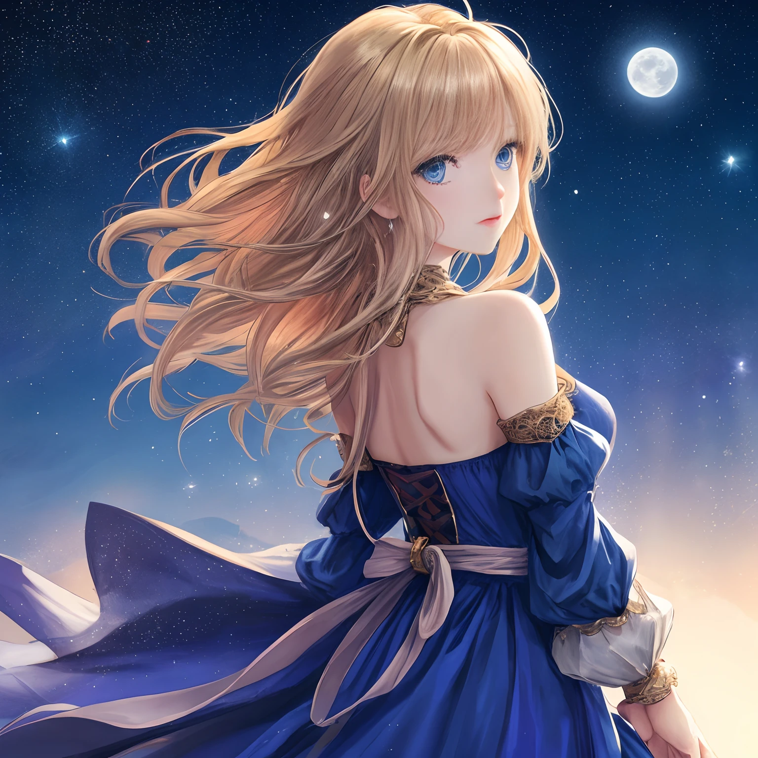 (Best Quality, masutepiece), Young Woman, Medieval princess blue dress, Pose, Particle, Wind, flower, Upper body, Full moon night background, Looking at Viewer, long straight windblown golden hair, Detailed blue eyes, Galaxy, Back lighting, Rim Lights, beautiful artwork, Perfect composition