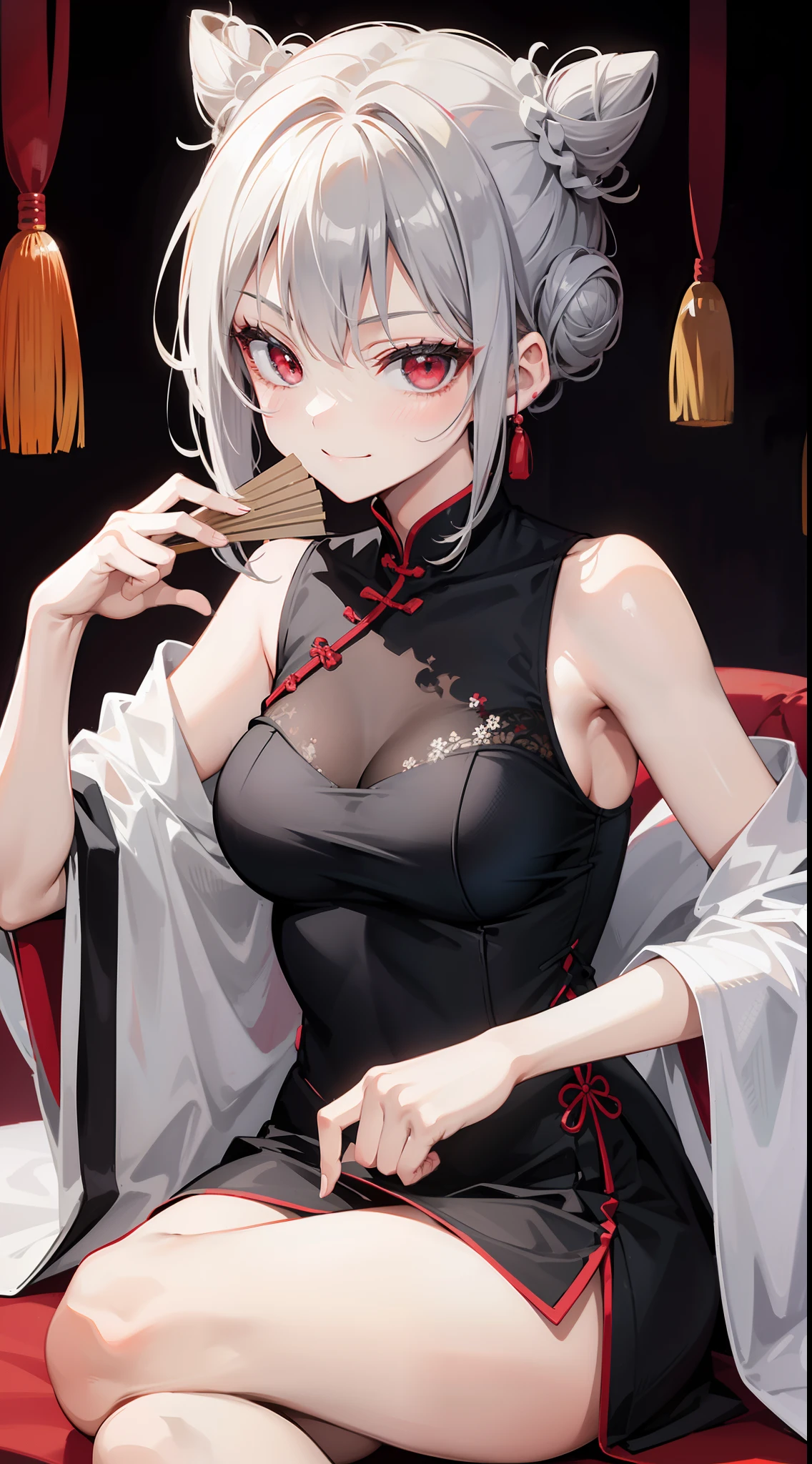 young girl, short gray hair, hair in a bun, red-eyes, smirk, grey chinese dress, translucent, fan, smirk, Sits, Masterpiece, hiquality