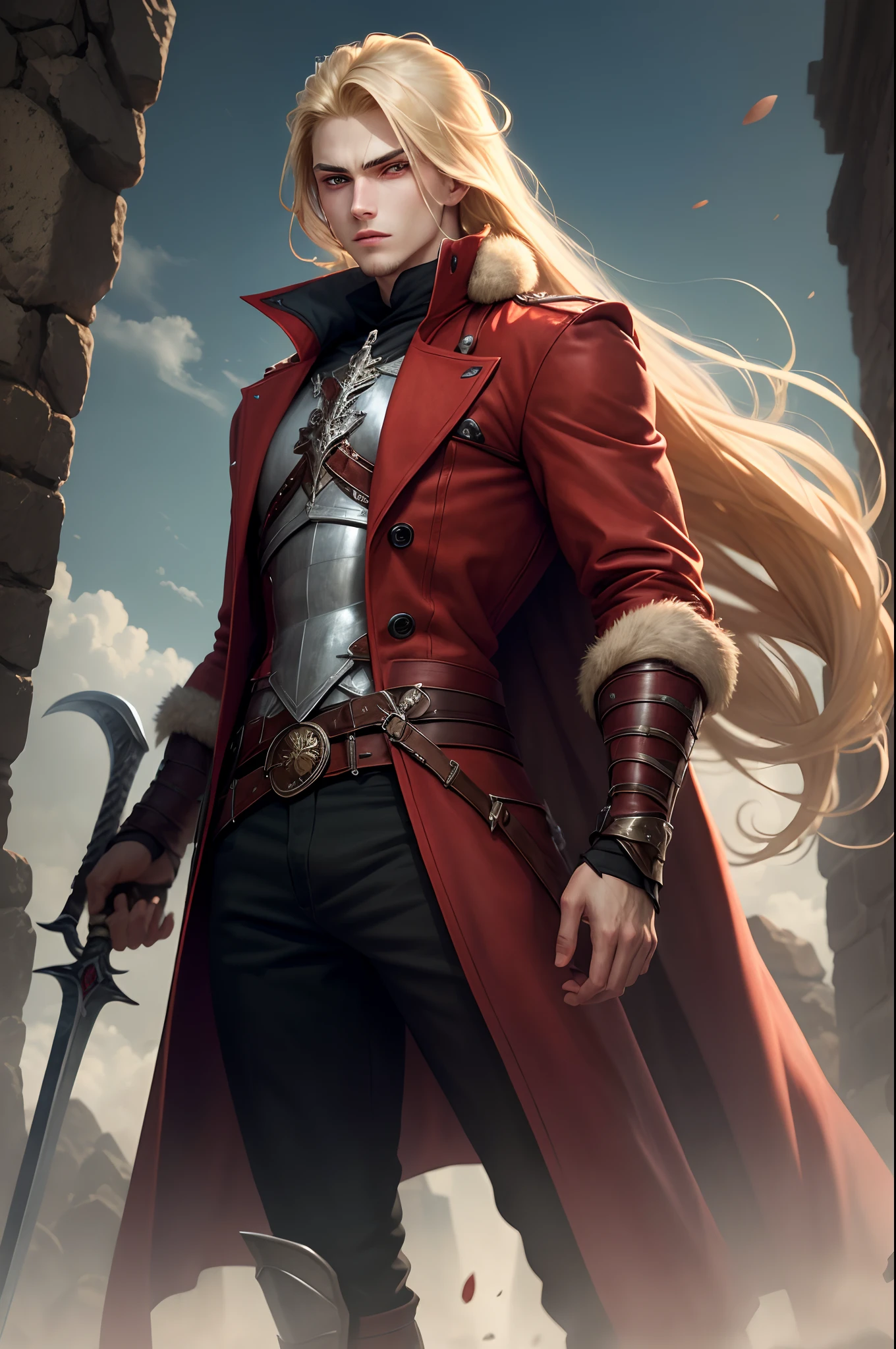 A young man with long blonde wawy hair, dark red eyes, a red long coat, almond eyes, he is a insane warrior that wields a gigantic greatsword, he is mentally unstable