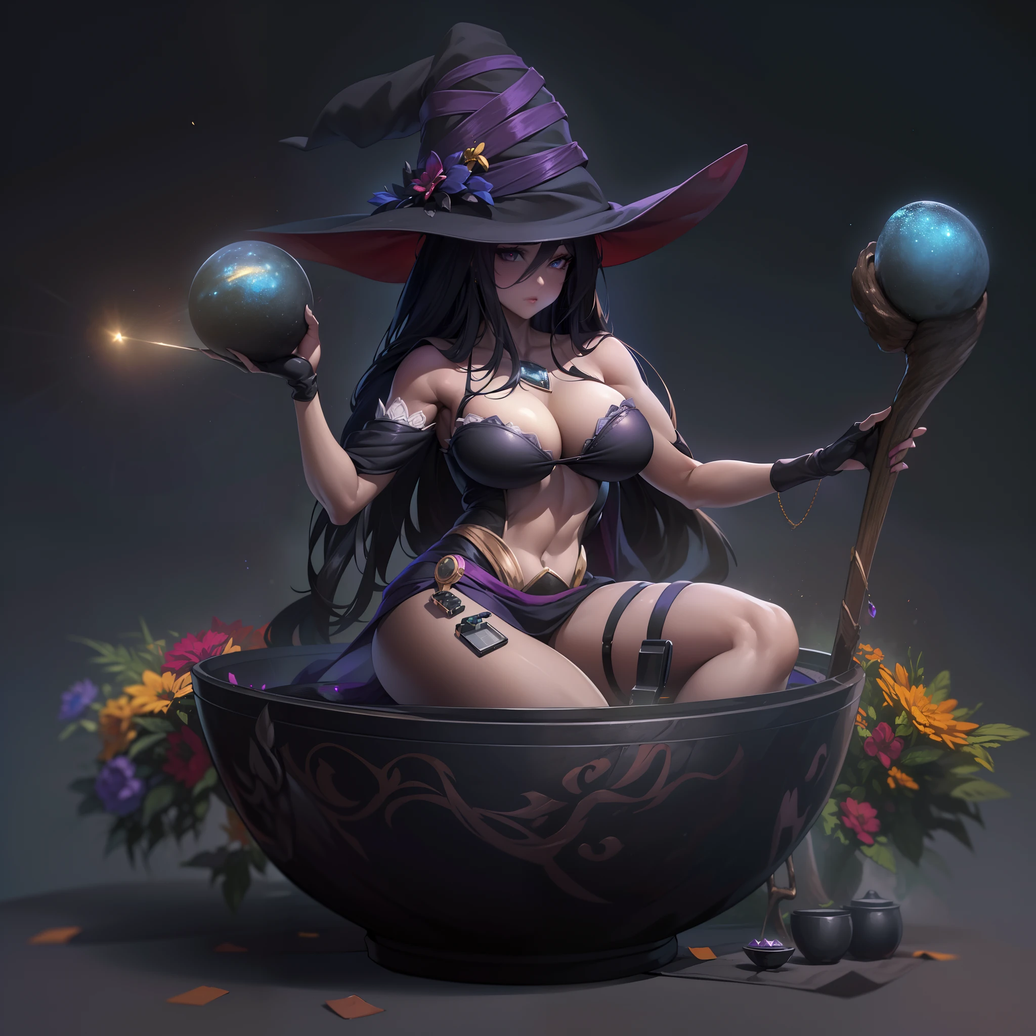 (8K, Best quality, tmasterpiece:1.2),\(eye detailed\),\(Facial features\),(\(Clothes detail details\)\),(huge tit),Close-up of squint,full bodyesbian,(Facial focus) ,Very detailed CG unity 8K wallpaper,hugefilesize,ultra - detailed,A high resolution,absurderes,beautidful eyes,Ray traching,dramatic shadow,finely detailled,Dramatic angles,Hyper-detailing,(1girll:1.3),(Solo),(Mature female:1.3),Thick lips,Long chest,Beautiful plump body,(witch:1.2),(Magic wand:1.3),A wise man of extraordinary status,(Witch hat:1.2),(Sit in the witch's studio 1.2),(sit with legs crossed),(Colorful flowers and black crystals in the bowl:1.2),(Self-awareness devices:1.4)+(An instrument that flies in the sky:1.3)
