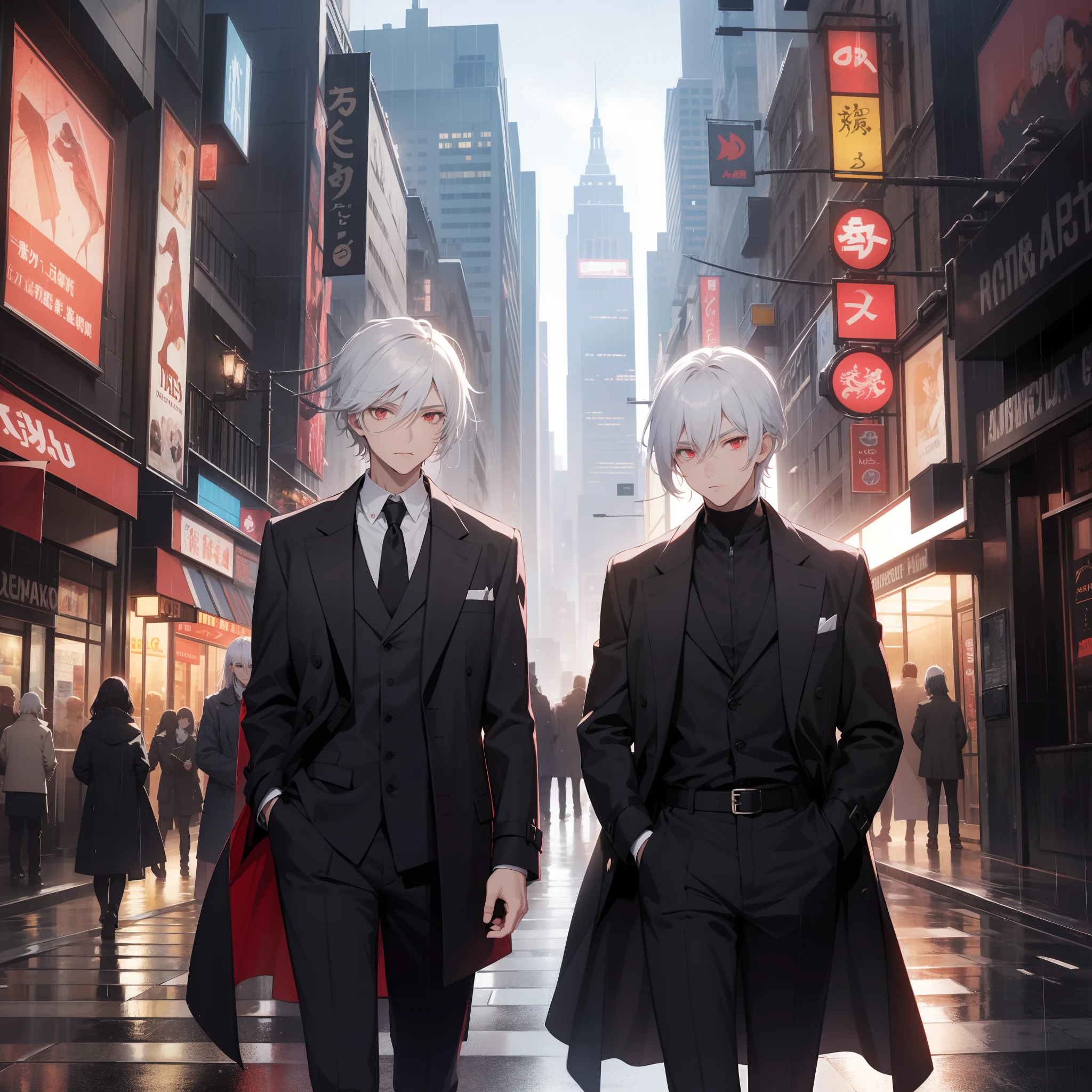 Tall boy, white haired, black formal attire with trench coat, red eyes, daytime, city, mafia, girls around, elegant demeanor, anime boy, 2D-art, rain.