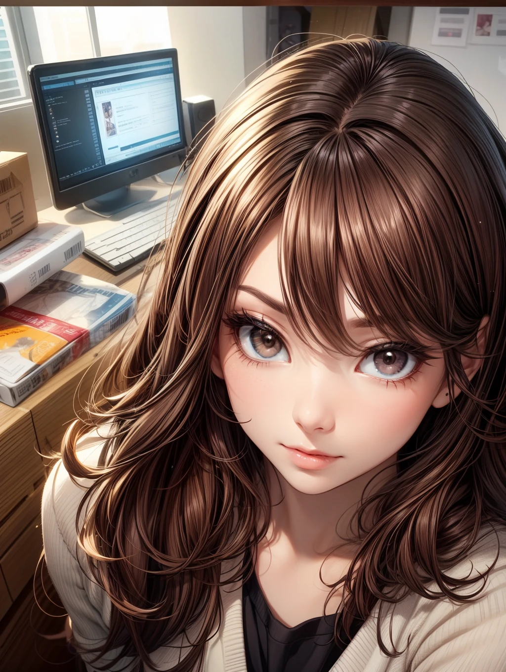 Best Quality, masutepiece, beautiful mature women、Beautiful face、Strong-minded woman、s Office、brown haired、Brown-eyed、Longhaire、Undersized eyes、Give the parcel to the viewer