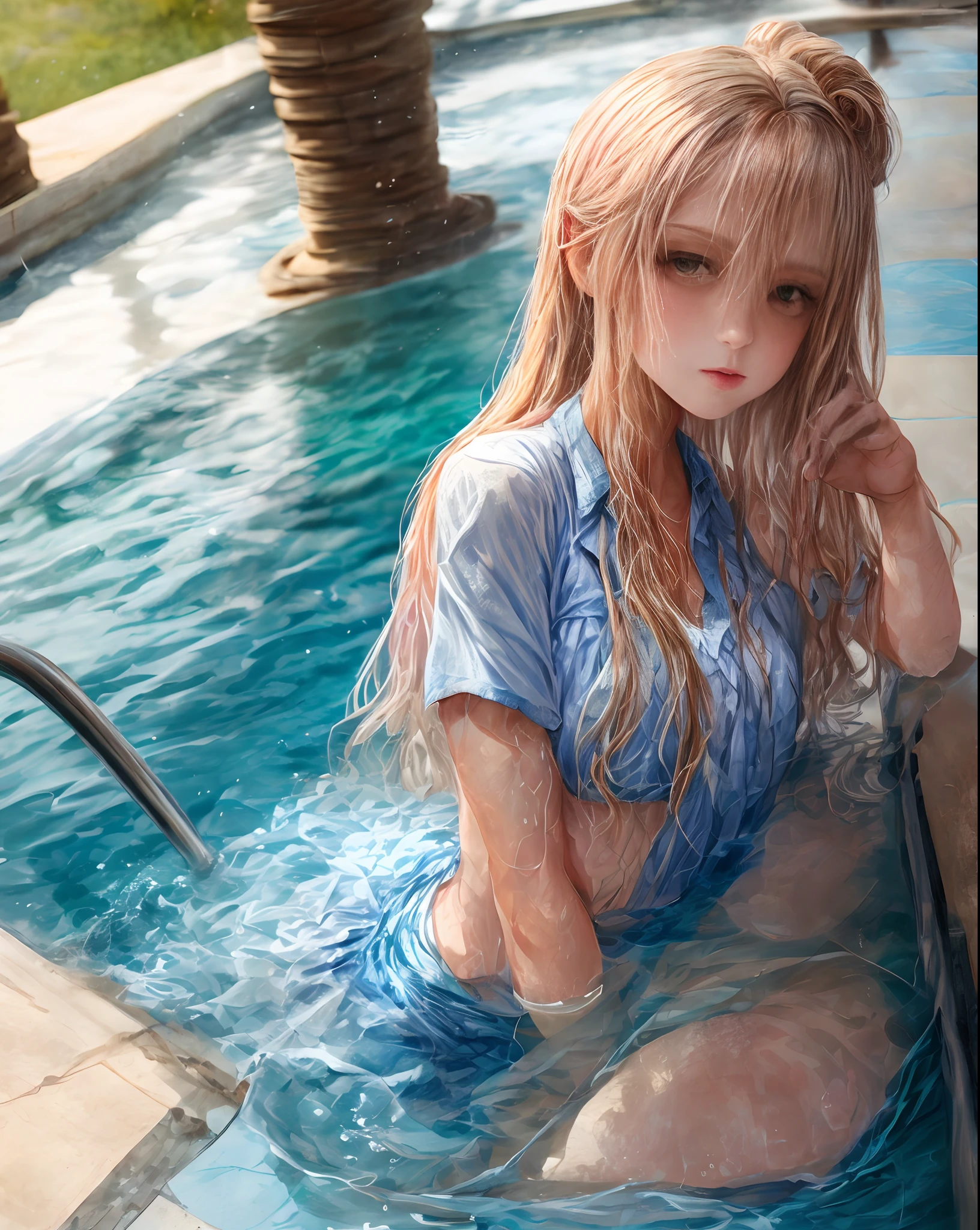 Sweet girl,At the pool,enchanting,The clothes were soaked with water
