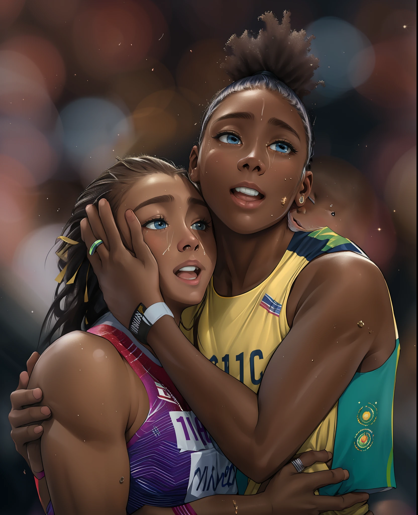 arafed woman hugging a female athlete in a stadium, photo from the olympic games, woman holding another woman, by artist, photograph credit: ap, emotional face shot, 2019 trending photo, so happy that her face hurts, winning photo of the year, olympics, beautiful masterpiece, taken in 2 0 2 0, !!beautiful!!, award winning shot