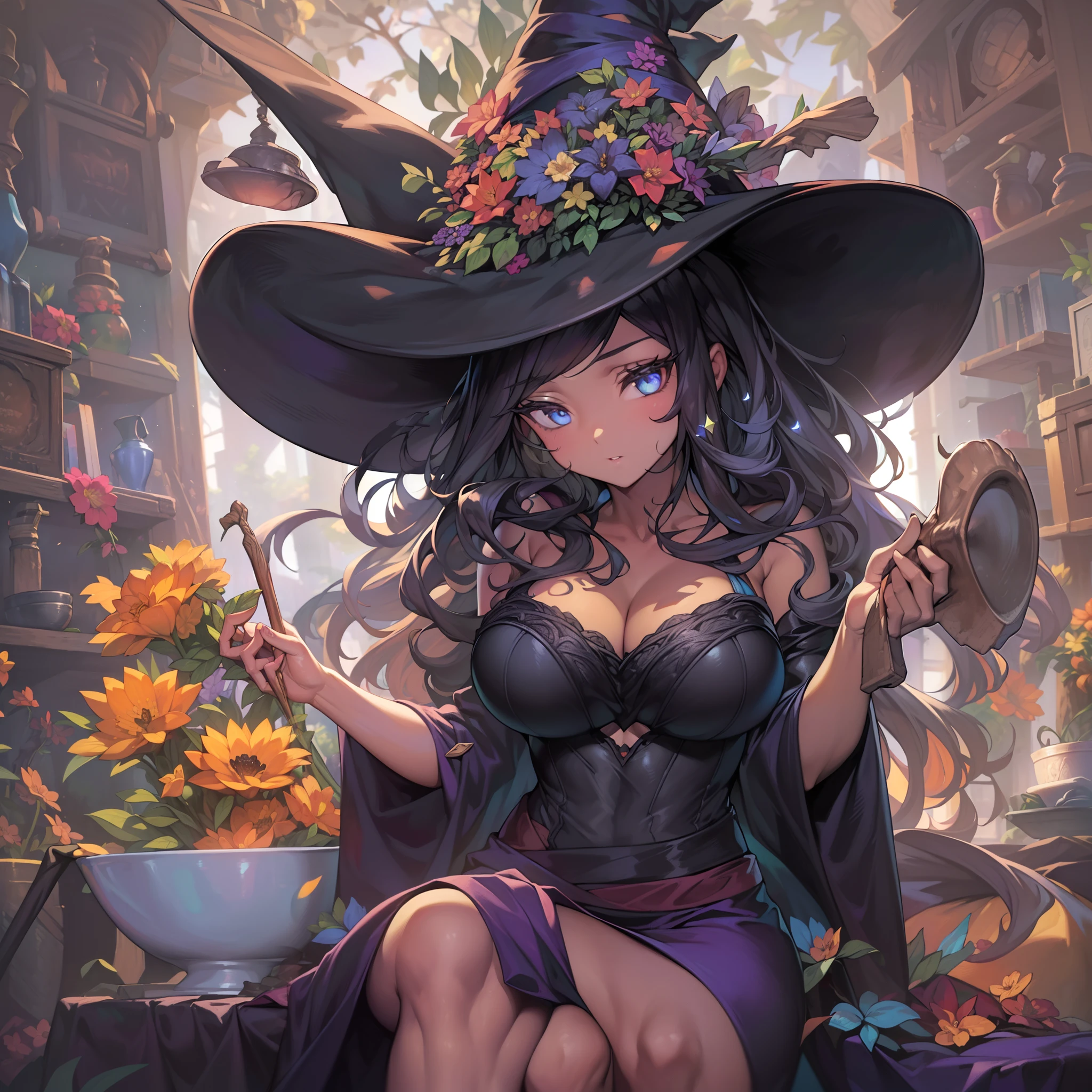 (8K, Best quality, tmasterpiece:1.2),\(eye detailed\),\(Facial features\),(\(Clothes detail details\)\),(huge tit),Close-up of squint,full bodyesbian,(Facial focus) ,Very detailed CG unity 8K wallpaper,hugefilesize,ultra - detailed,A high resolution,absurderes,beautidful eyes,Ray traching,dramatic shadow,finely detailled,Dramatic angles,Hyper-detailing,(1girll:1.3),(Solo),(Mature female:1.3),Thick lips,Long chest,Beautiful plump body,(witch:1.2),(Magic wand:1.3),A wise man of extraordinary status,(Witch hat:1.2),(Sit in the witch's studio 1.2),(sit with legs crossed),(Colorful flowers and black crystals in the bowl:1.2),(Self-awareness devices:1.4)+(An instrument that flies in the sky:1.3)