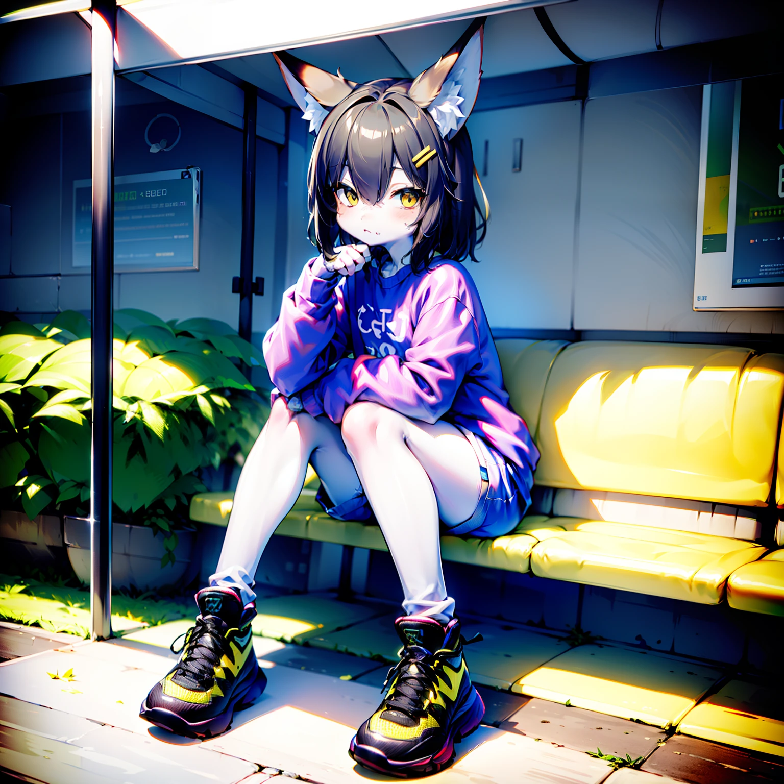 Menina, barnet, pequena, olhos azuis, cabelo curto preto, orelhas de gato, rabo de gato, camisa casual, Shorts preto, wearing sneakers