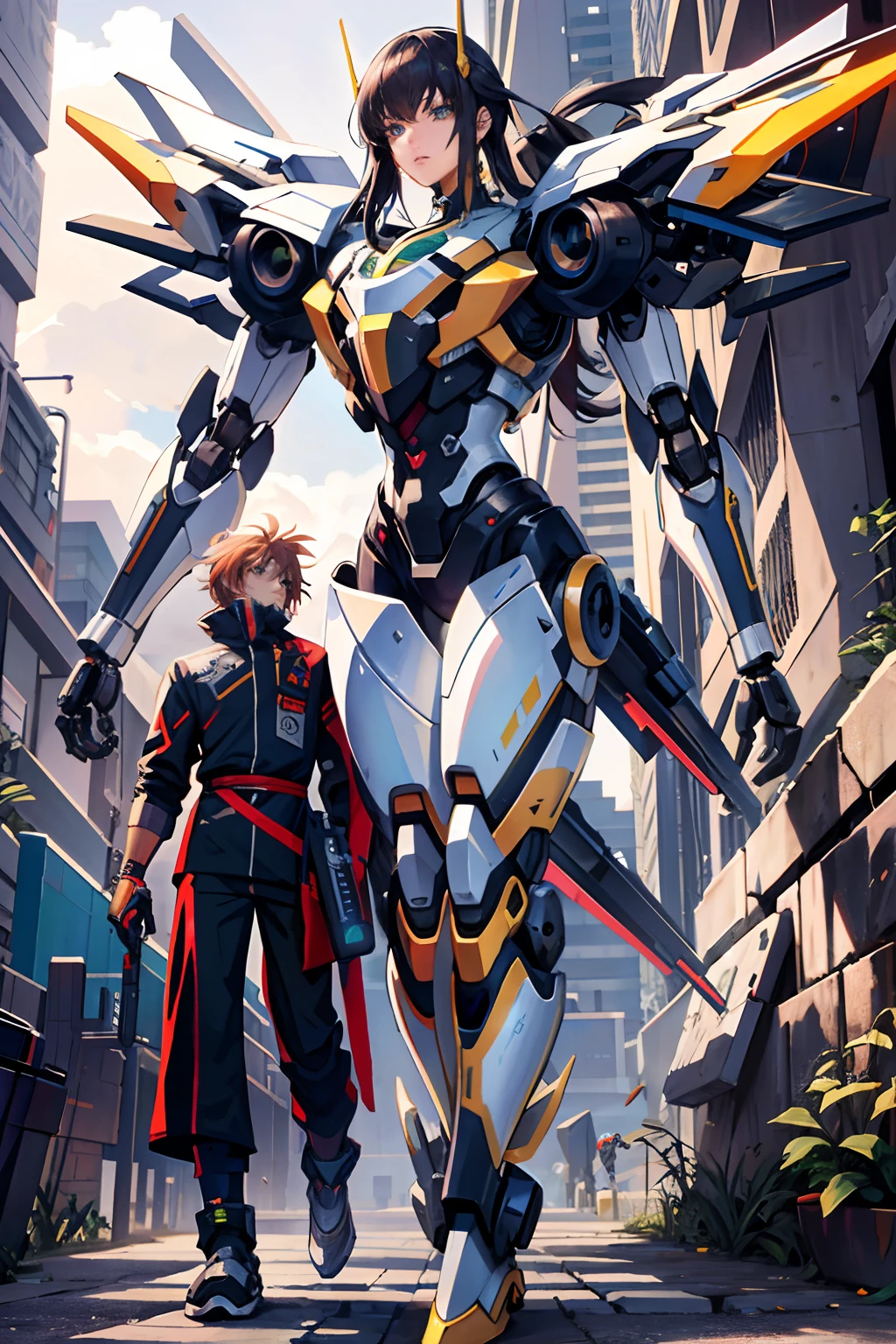 a close up of a woman in a futuristic outfit posing，Carrying a large bird on his back, cyberpunk anime girl mech, female mecha, giant anime mecha, anime robotic mixed with organic, girl in mecha cyber armor, painterly humanoid mecha, Digital cyberpunk anime art, mecha asthetic, anime large mecha robot, digitl cyberpunk - anime art