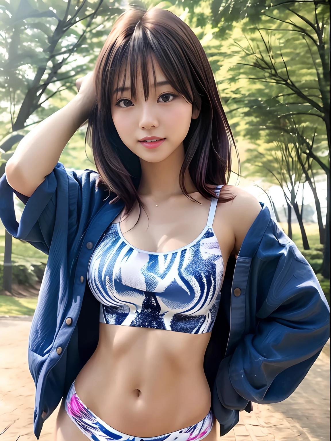 Product quality, 1 girl, cowboy  shot, Front view, a Japanese young pretty girl, Bob Hair, Stand in front of the closet, Glamorous figure, Wearing a tank top with an illustration printed on it, Wearing silk underwear, A big smile, hyper cute face, Glossy lips, double eyelids for both eyes, Natural makeup, Shiny smooth light brown bob hair, asymmetrical bangs, Tanned skin, central image, High resolution, high detailing, detailed hairstyle, Detailed face, Cinematic lighting, Octane Rendering, Vibrant, hyper realisitic, Perfect limbs, Perfect Anatomy