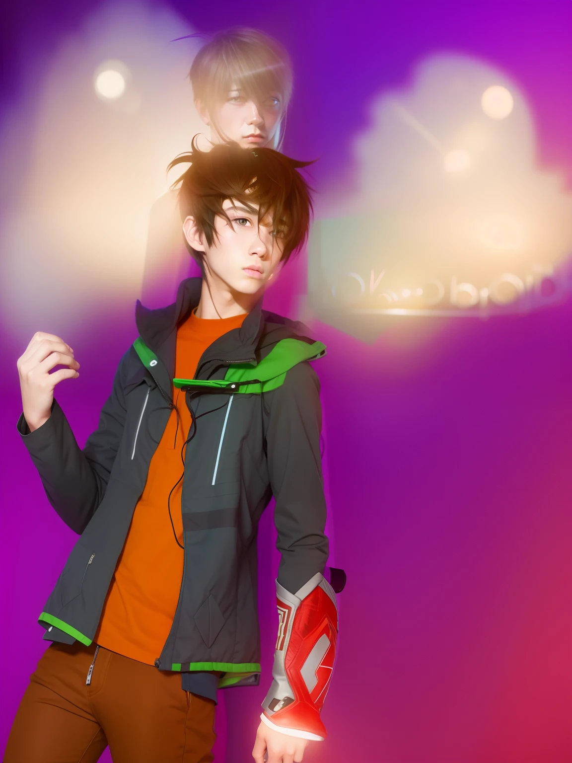 18 year old boy, brown hair, red eyes, gray jacket, brown pants, evening mood, Realistic, Ultra Detail.