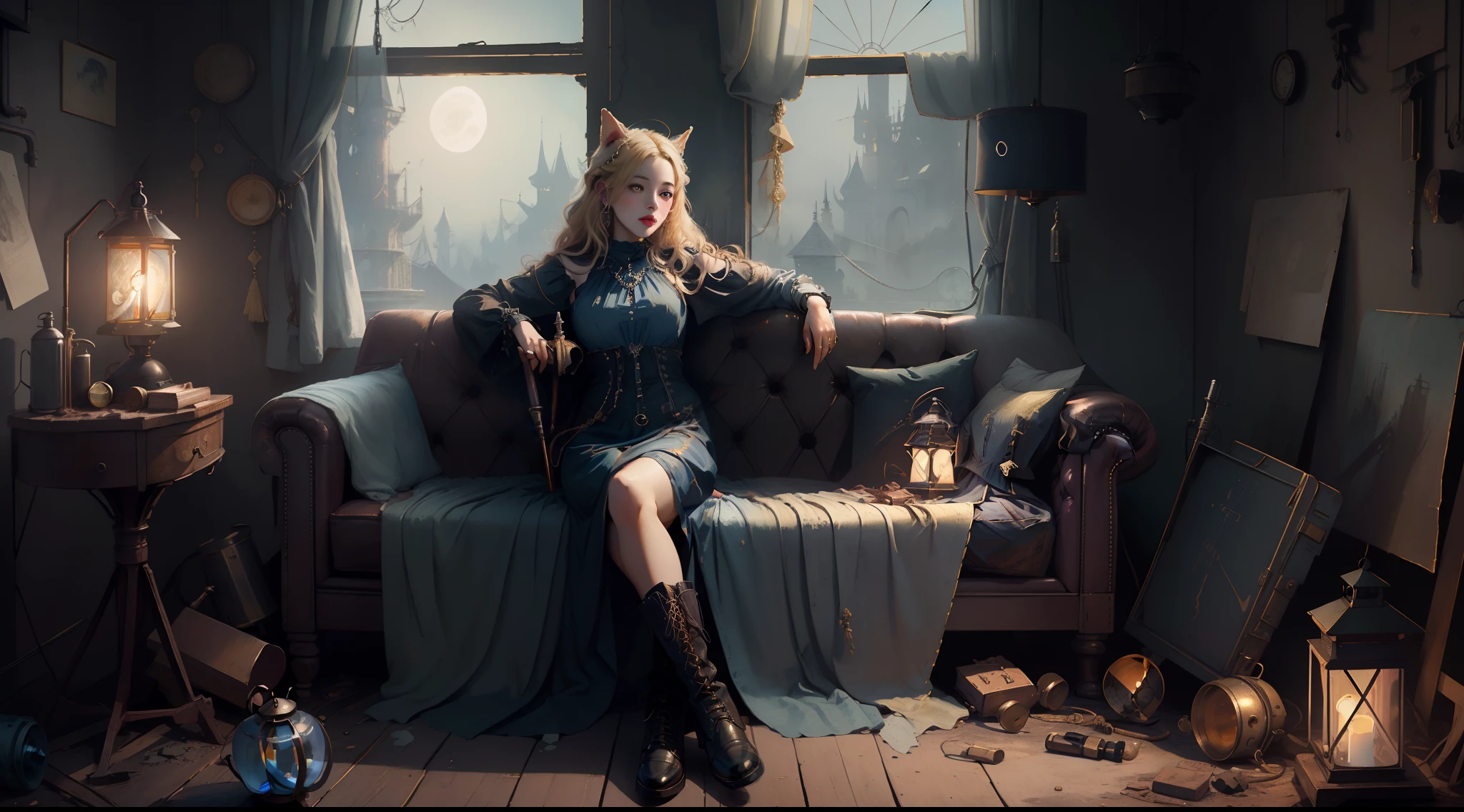 Top image quality、​masterpiece、an oil painting、Norman Rockwell's style、 Beautiful girl with fair skin、The iris is blue、Cute little face、Light makeup、Two cat ears on the head、blonde hair in braids、Wearing a luxurious necklace over a high neck blouse、tiny chest、Chest buttons are closed、Big buttocks、sitting on、Full body like、alchemist、She holds a magic wand in her right hand、 She has a lantern hanging in her left hand、Long dress in Gothic style with intricate decoration、Leather boots、Messy Alchemy Lab、Machine wreckage crowded together、Blue light coming from the next room、Desolate castle、Moonlight shining through the window、mid night、thirds rule、Ultra-wide low-angle