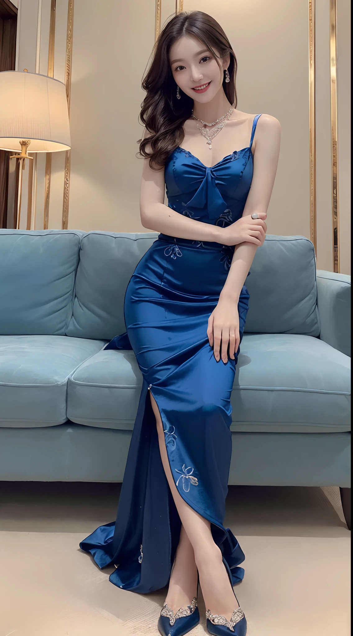 ((top-quality、in 8K、32K、​masterpiece、nffsw:1.2))、((Photo of one Japan woman))、((Luxury hotel rooms))、((Luxurious sofa))､((slender physique))、((Extraordinary beauty))、((Smiling kindly))、((Beautiful and ultra-detailed face))、((Beautiful and detailed scruff))、((Beautiful and detailed small breasts))、((Luxurious and detailed necklace))、((Floating Novafrog Style))、((beautifully detailed hair))、((Beautifully detailed skin))、((Gorgeous and detailed deep blue evening dress))、((long  skirt))