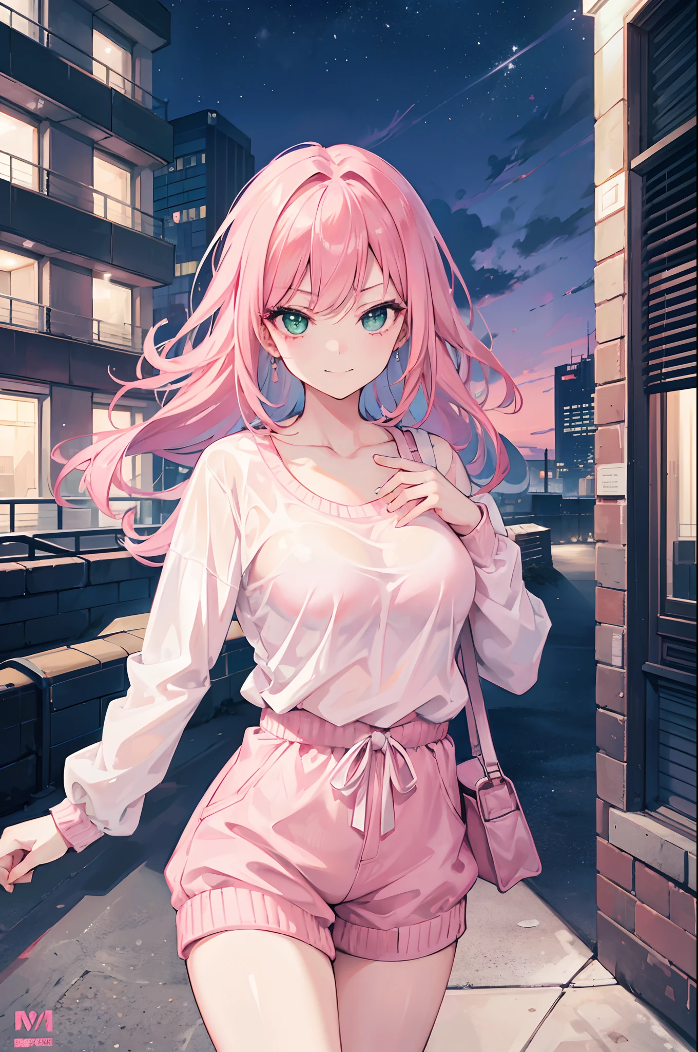1girl, sexy, smirking, pink hair, green eyes, wearing a light-pink casual outfit, sexy outfit, city night, on building roof top, absurdes, high res, ultrasharp, 8K, masterpiece