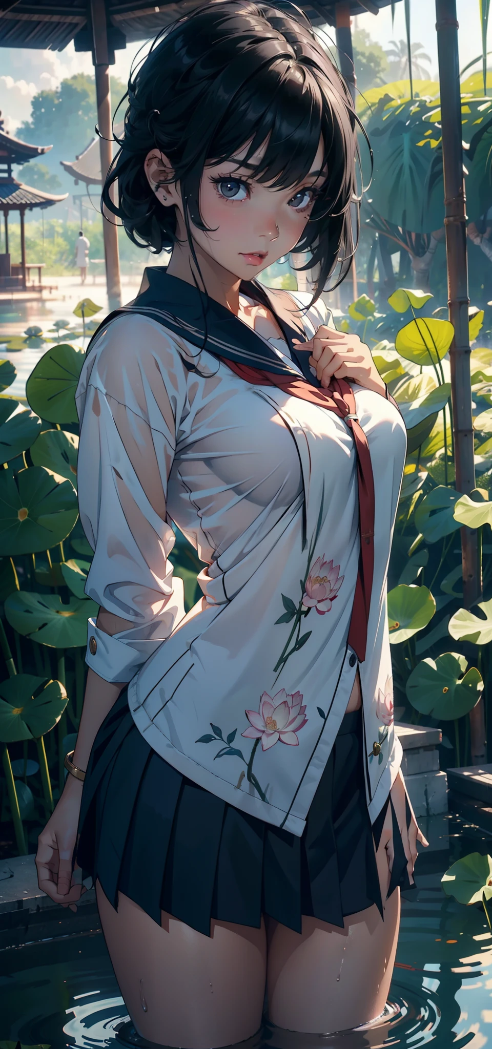 1 female,3 ,bit girl,Small loli,huge-breasted,Pornographic exposure, 独奏,(Background with:bamboo forrest,lotuses,lotus flower,exteriors,Lotus pond) She has short black hair,Qi bangs,Doll head,Station,Sweat profusely,drenched all over the body,,seen from the front, hair straight, mostly cloudy sky,(((tmasterpiece),(Very detailed CG unity 8K wallpaper),best qualtiy,cinmatic lighting,detailed back ground,beatiful detailed eyes,Bright pupils,Black eyes,(Very fine and beautiful),(Beautiful and detailed eye description),ultra - detailed,tmasterpiece,)),facing at camera,A high resolution,ultra - detailed),revealing breasts,Bare genitalia, Bulge,legs are open,Raised sexy,Camel toes,Flushed complexion,Open-mouthed,frontage,elementar uniform,nakeness)