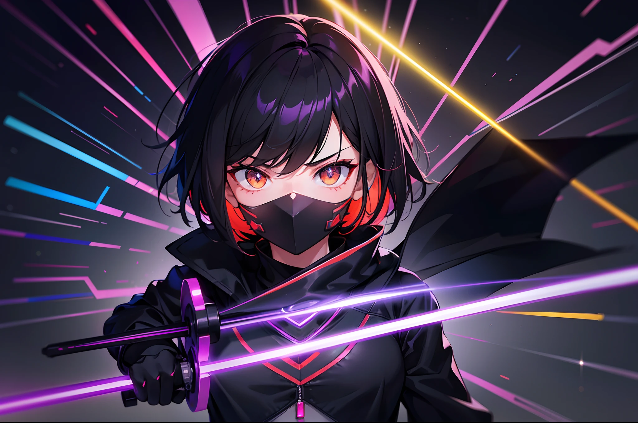 One teenage girl with short black hair, sporting a mysterious full face black mask with gleaming orange eyes that covers his entire face, dressed in a striking red shirt and a long black coat, skillfully wielding a pair of dual long swords—one gleaming in vibrant red and the other mesmerizingly purple. The scene unfolds against the backdrop of a dystopian cyberpunk city at night, pulsating with neon lights and a futuristic aura, all rendered in breathtaking high resolution 8k quality